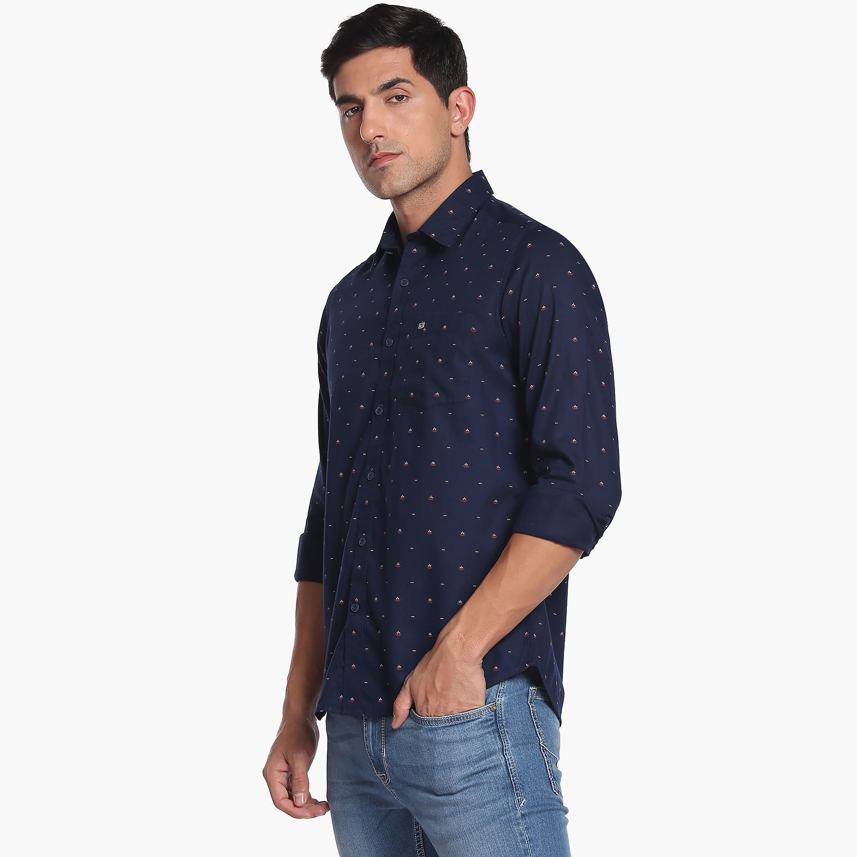 قميص كاجوال بأكمام طويلة وسليم فت مع نقشة مطبوع باللون الأزرق الكحلي من أرو-men-clothing-shirts-image-6
