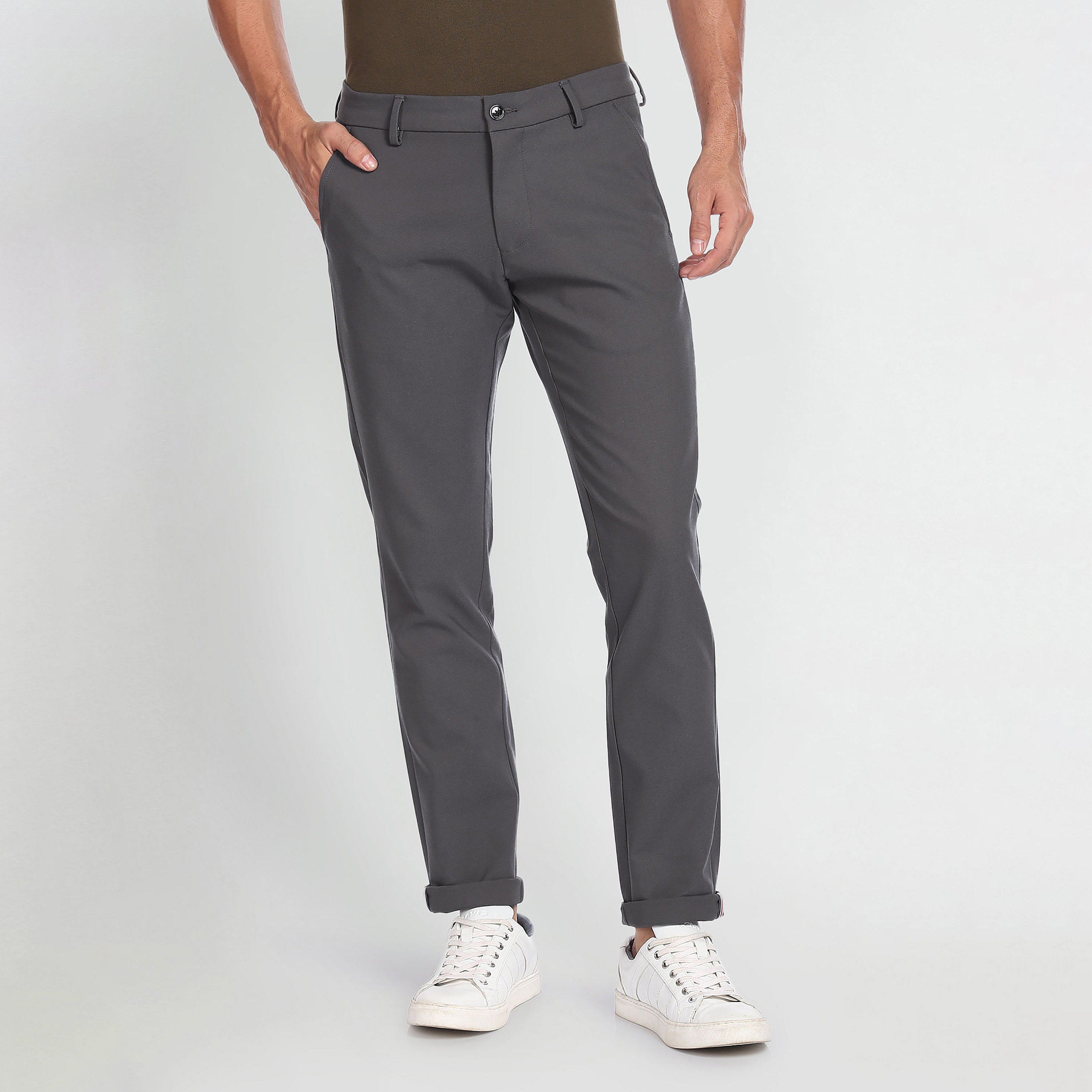 Buy Arrow Men Blue Mid Rise Solid Casual Trousers Online