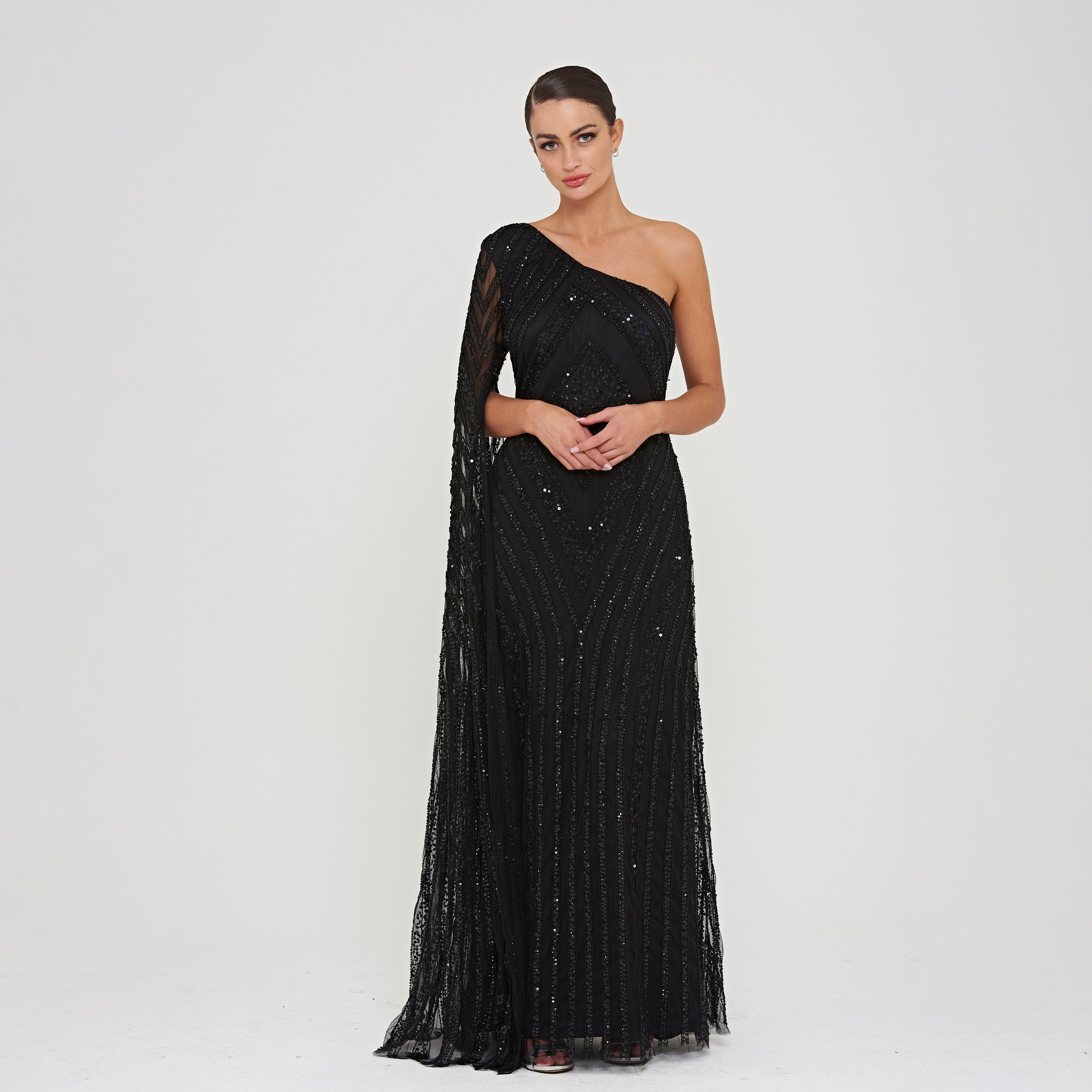 Amelia Rose Black Sequin Beaded One Shoulder Cape Sleeve Women's Evening Maxi Dress-women-clothing-dresses-image-1