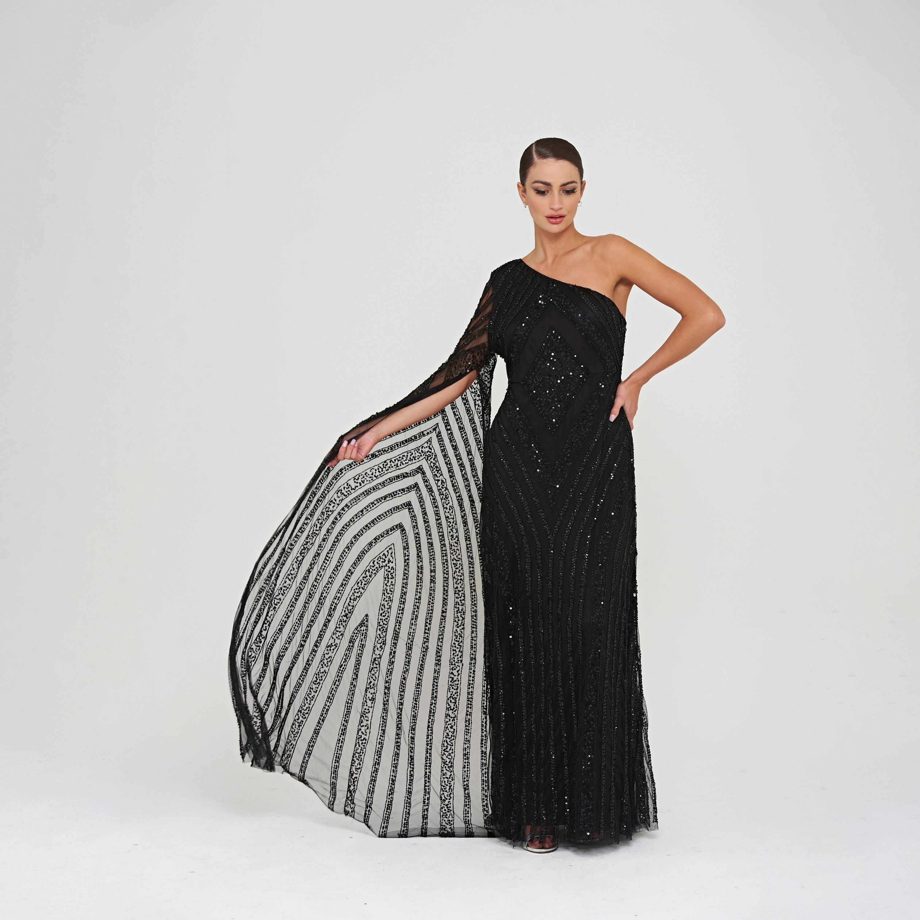 Amelia Rose Black Sequin Beaded One Shoulder Cape Sleeve Women's Evening Maxi Dress-women-clothing-dresses-image-2
