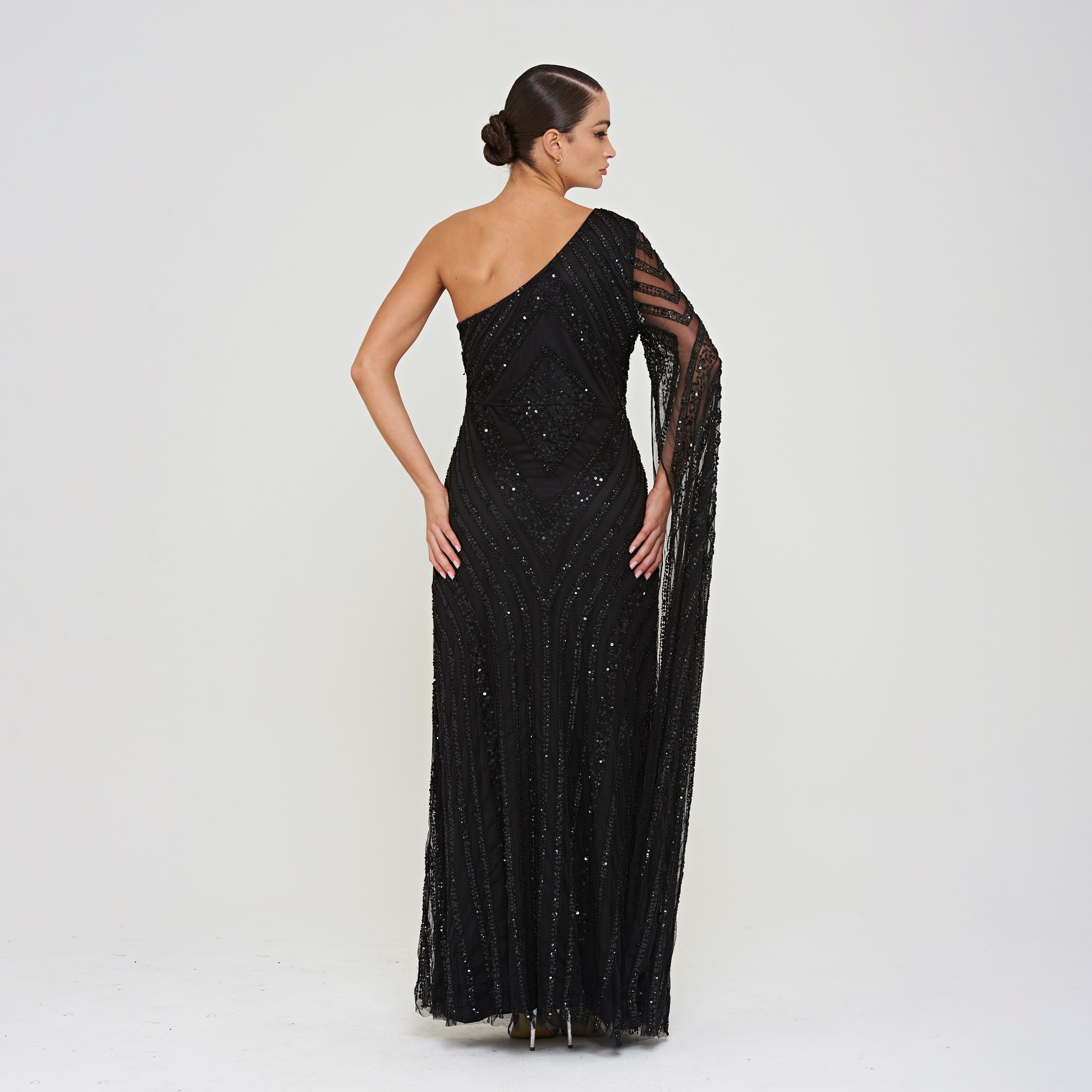Amelia Rose Black Sequin Beaded One Shoulder Cape Sleeve Women's Evening Maxi Dress-women-clothing-dresses-image-3