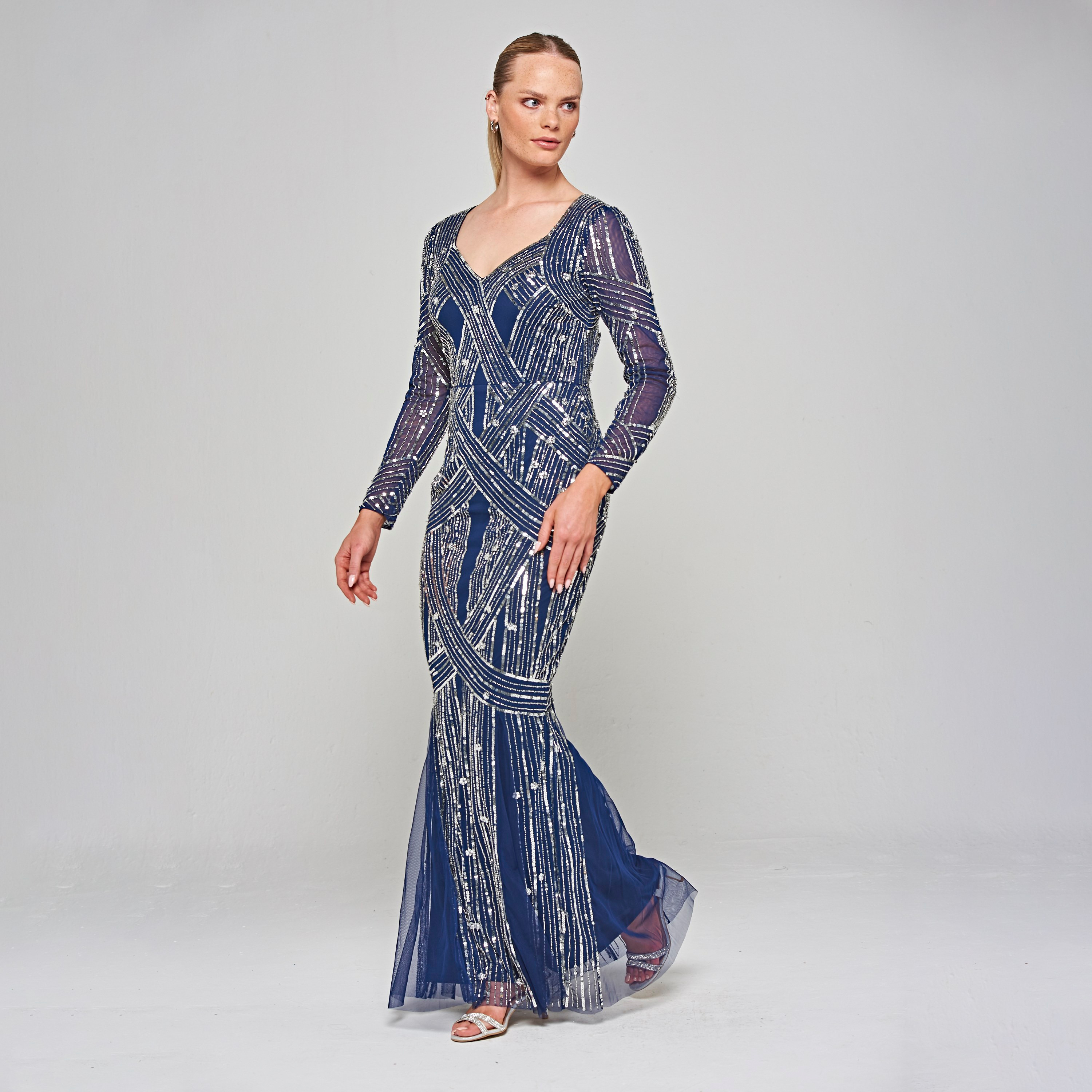 Amelia Rose Navy Blue Beaded & Sequin Sweetheart Neck Mermaid Party Maxi Women's Dress-women-clothing-dresses-image-1