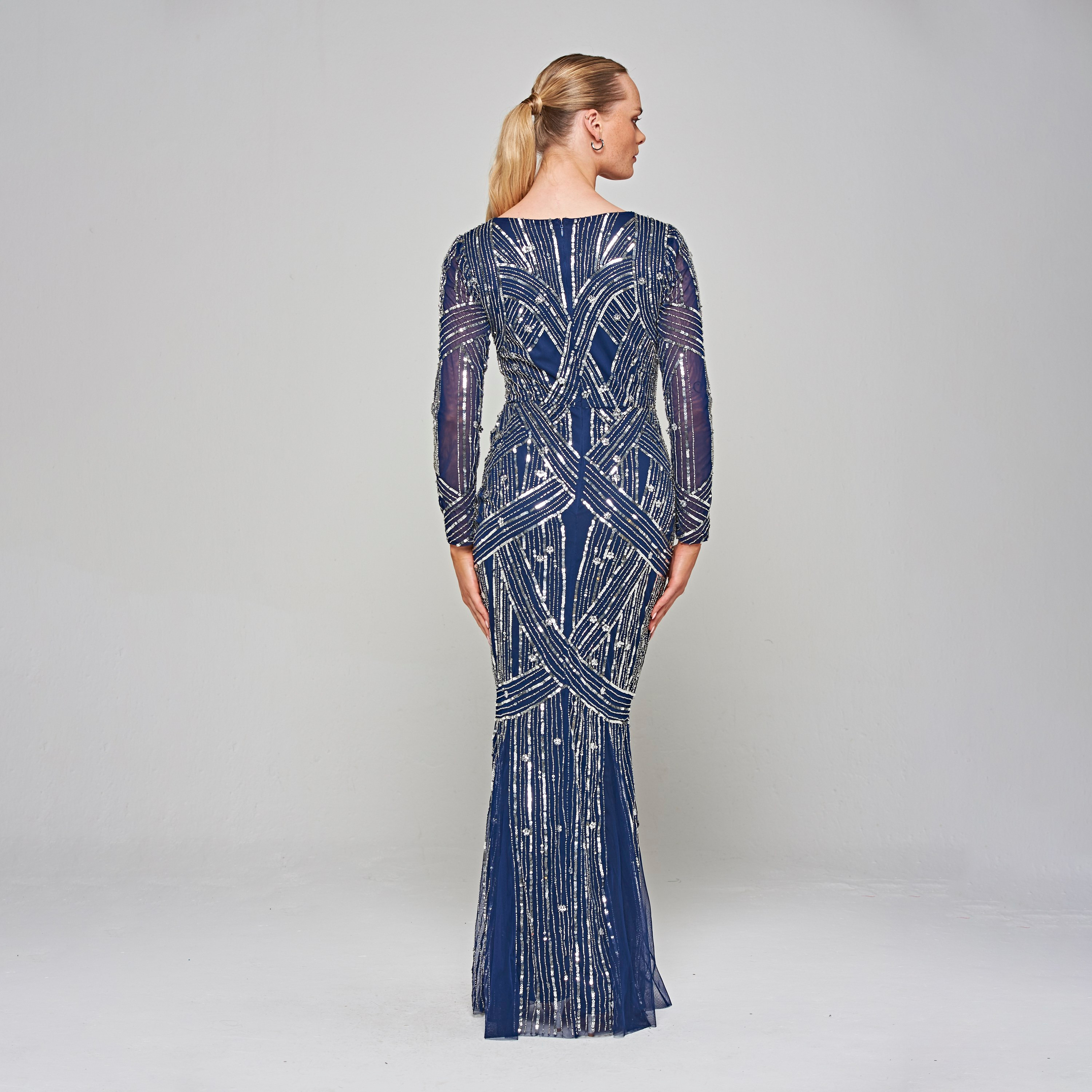 Amelia Rose Navy Blue Beaded & Sequin Sweetheart Neck Mermaid Party Maxi Women's Dress-women-clothing-dresses-image-3