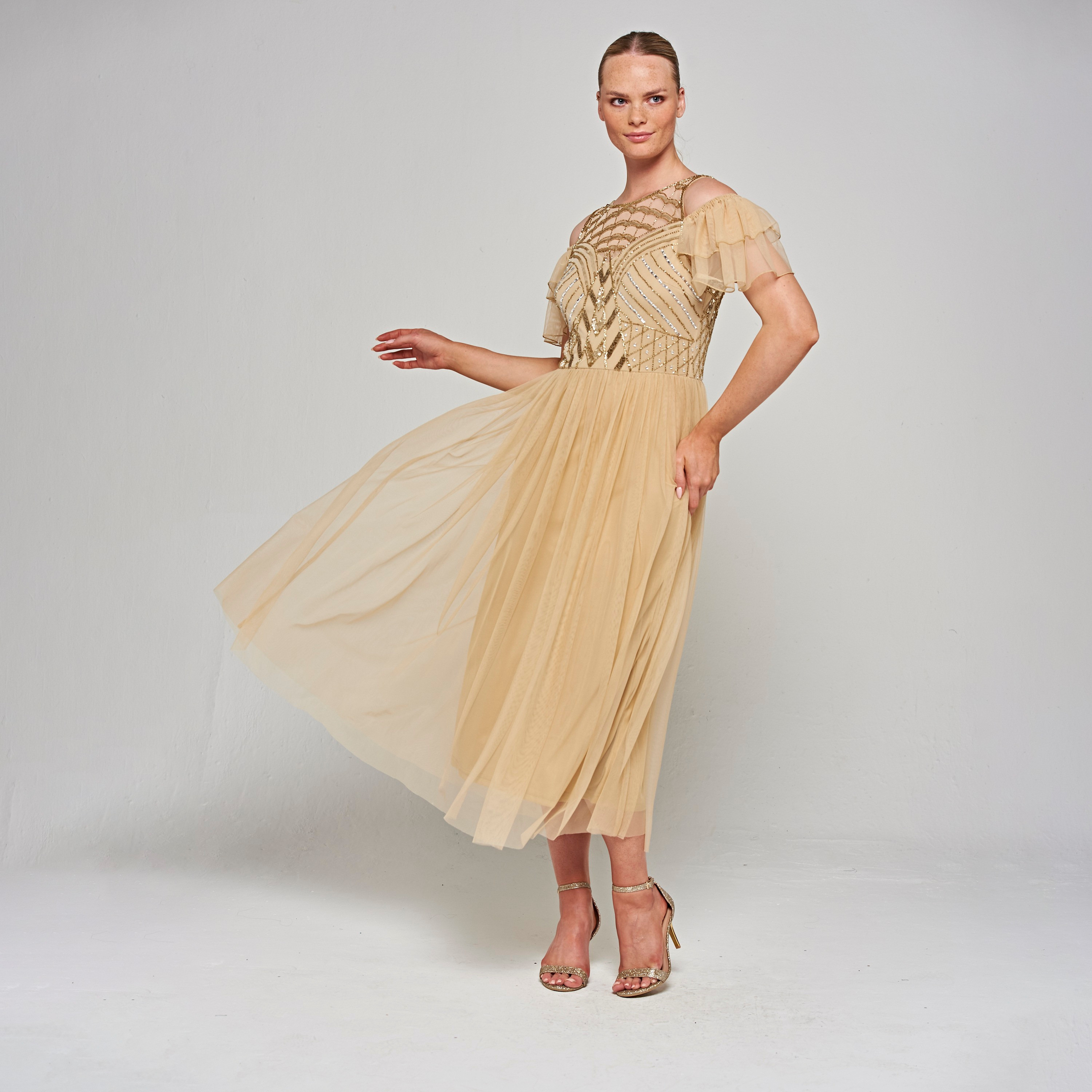 Amelia Rose Champagne Beaded Boat Neck Cold-Shoulder Sleeves Fit & Flare Party Midi Women's Dress-women-clothing-dresses-image-1