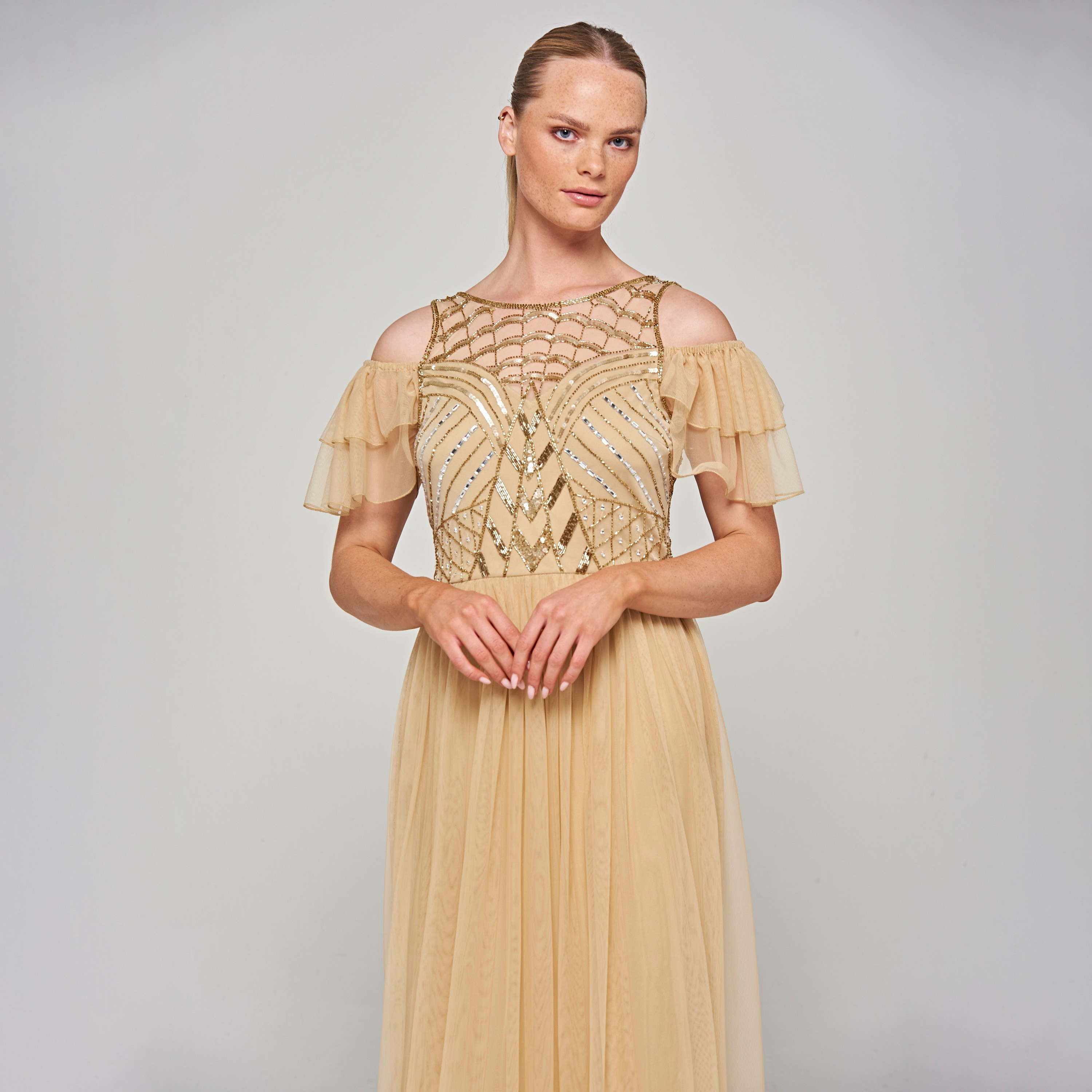 Amelia Rose Champagne Beaded Boat Neck Cold-Shoulder Sleeves Fit & Flare Party Midi Women's Dress-women-clothing-dresses-image-2