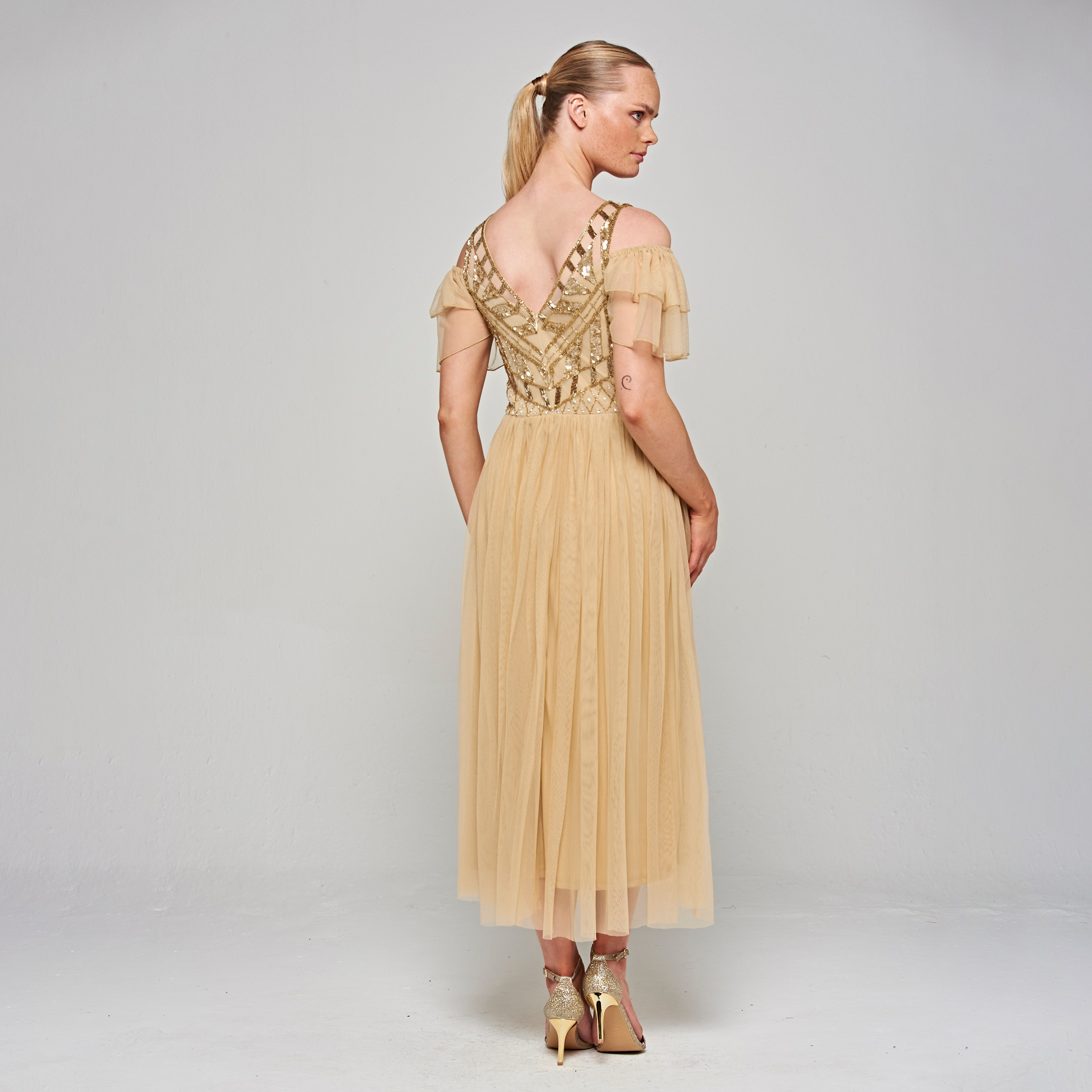 Amelia Rose Champagne Beaded Boat Neck Cold-Shoulder Sleeves Fit & Flare Party Midi Women's Dress-women-clothing-dresses-image-4