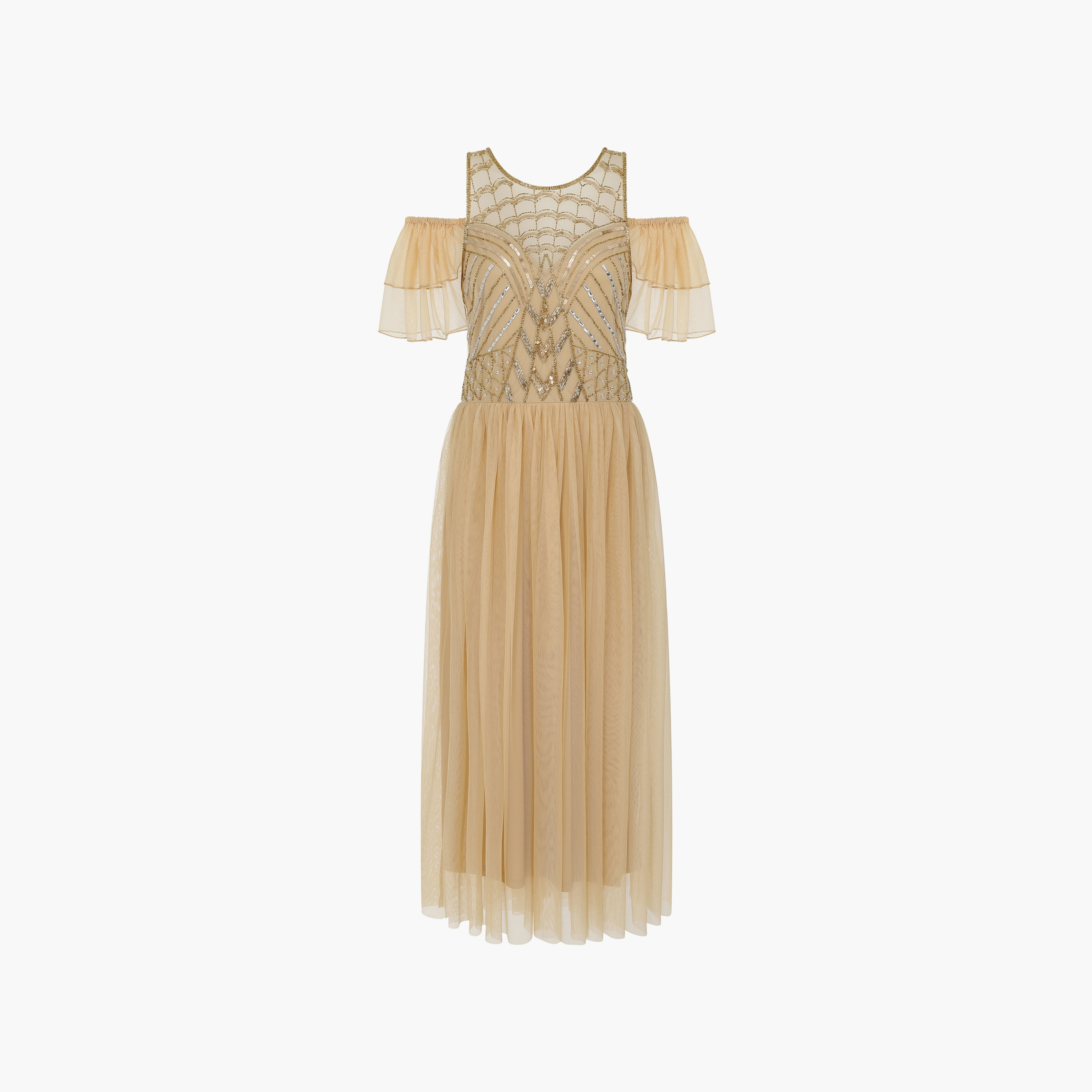Amelia Rose Champagne Beaded Boat Neck Cold-Shoulder Sleeves Fit & Flare Party Midi Women's Dress-women-clothing-dresses-image-5