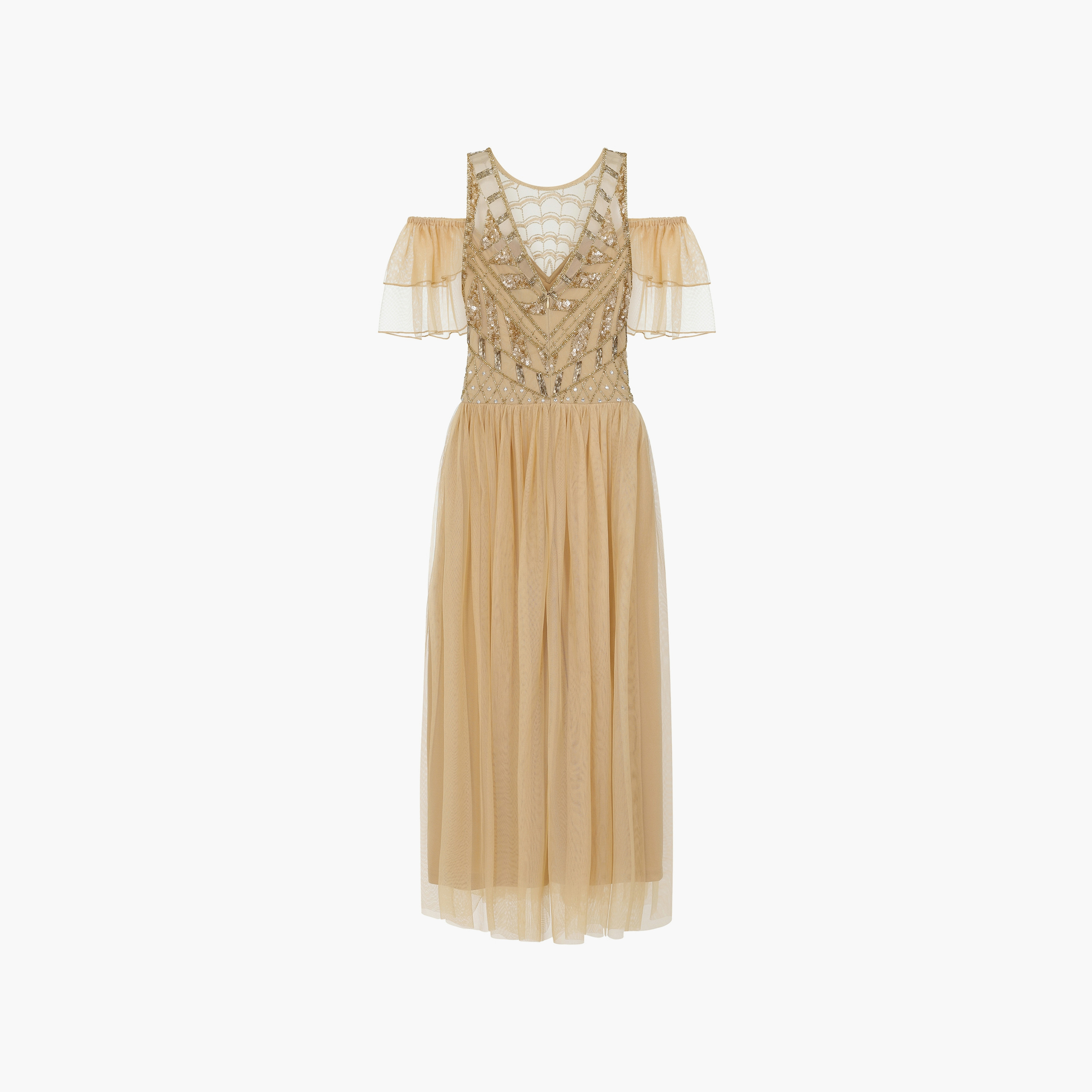 Amelia Rose Champagne Beaded Boat Neck Cold-Shoulder Sleeves Fit & Flare Party Midi Women's Dress-women-clothing-dresses-image-6