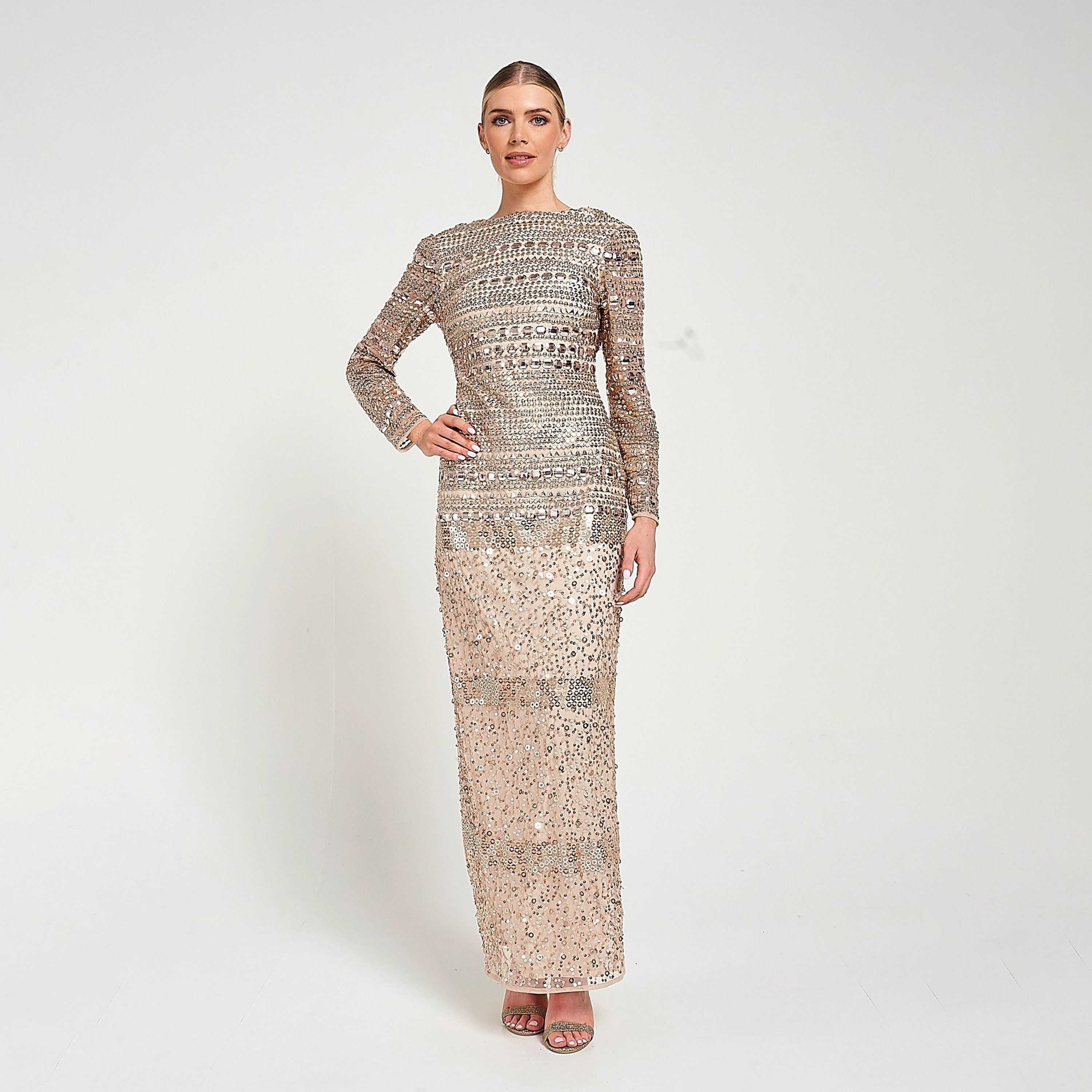 فستان سهرة ماكسي نسائي بفتحة من الترتر باللون البيج من أميليا روز-women-clothing-dresses-image-1