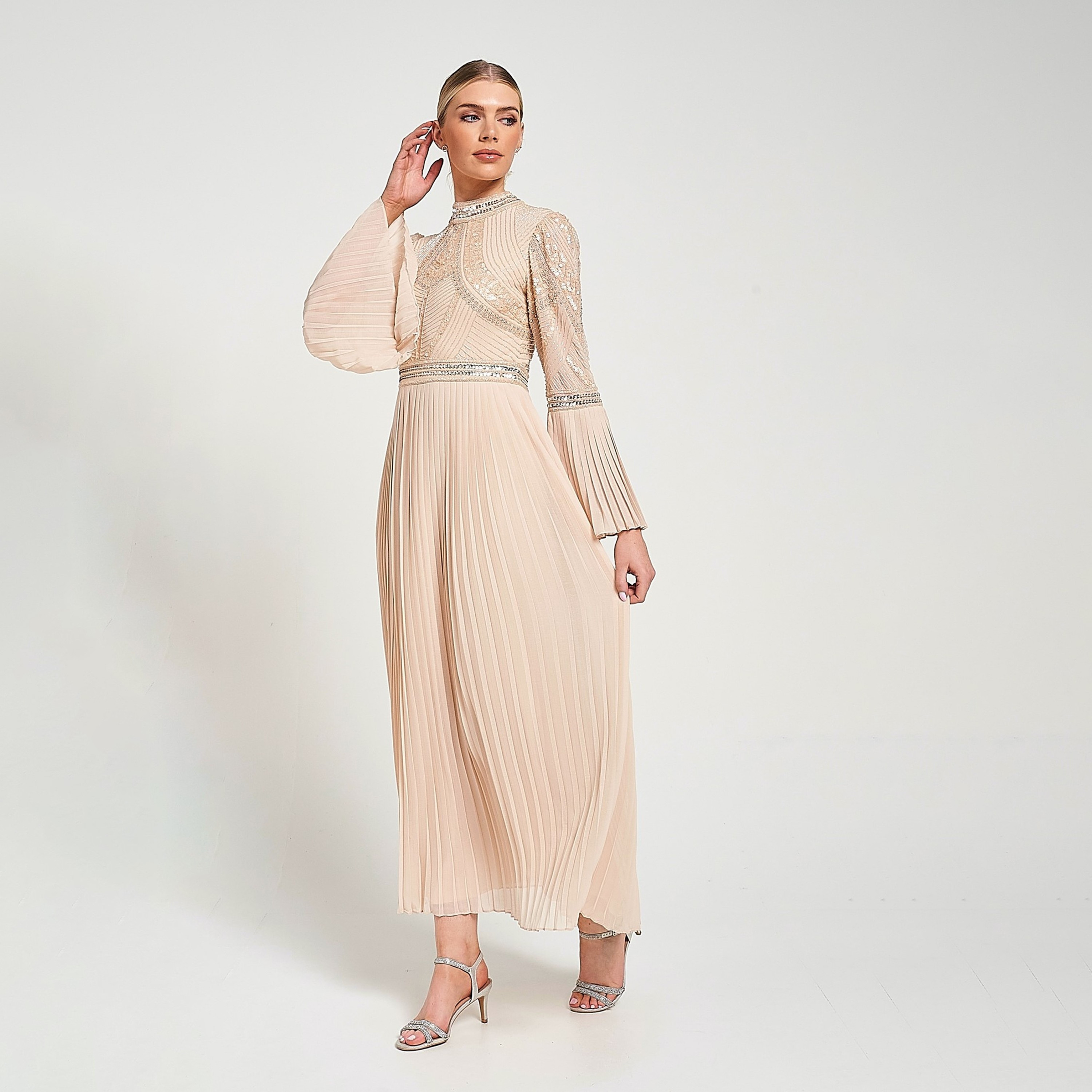 Amelia Rose Beaded & Sequined Bell Sleeves Pleated Women's Evening Maxi Dress-women-clothing-dresses-image-2