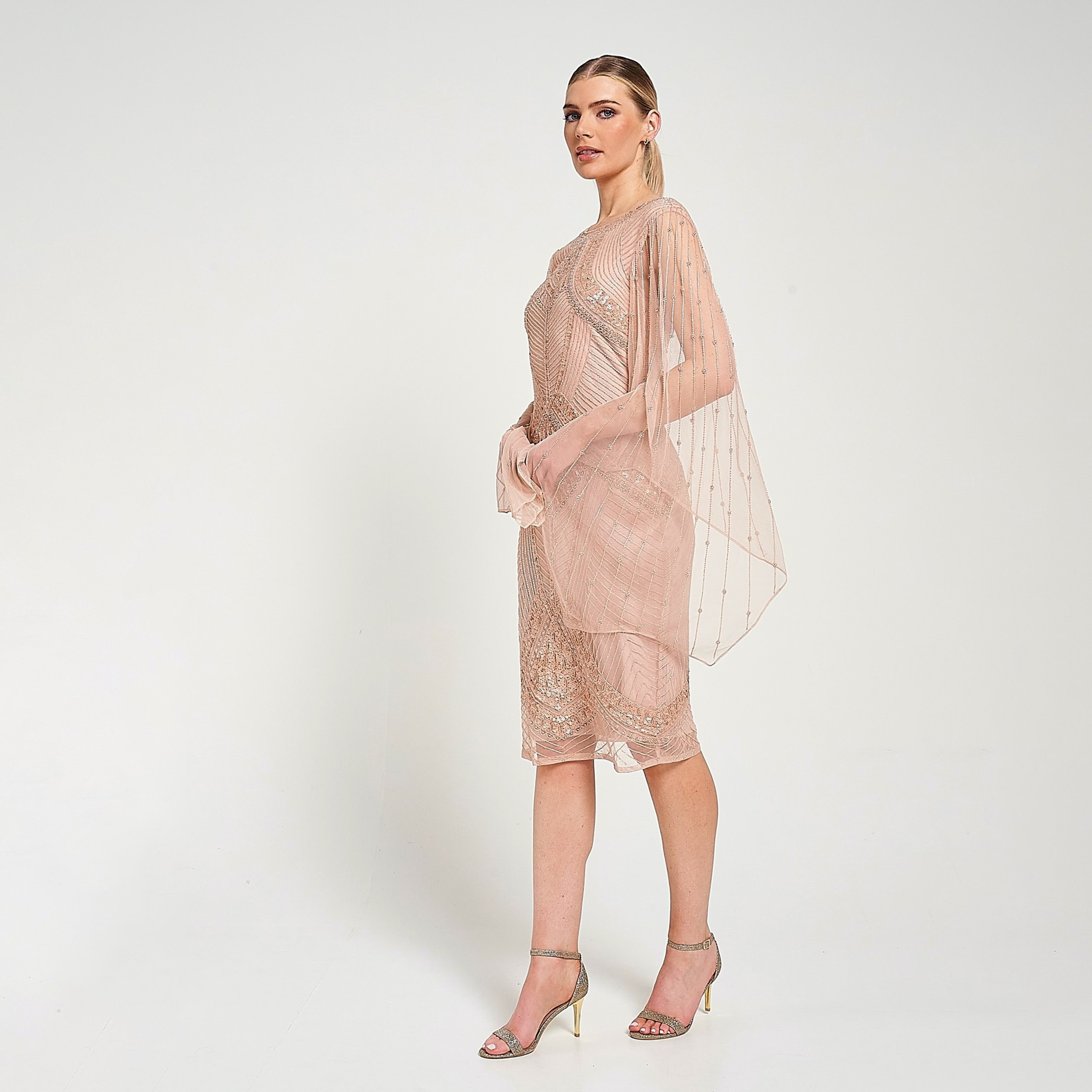 فستان سهرة نسائي بطول الركبة بأكمام شفافة مزينة بالترتر بلون الخوخ من أميليا روز-women-clothing-dresses-image-2