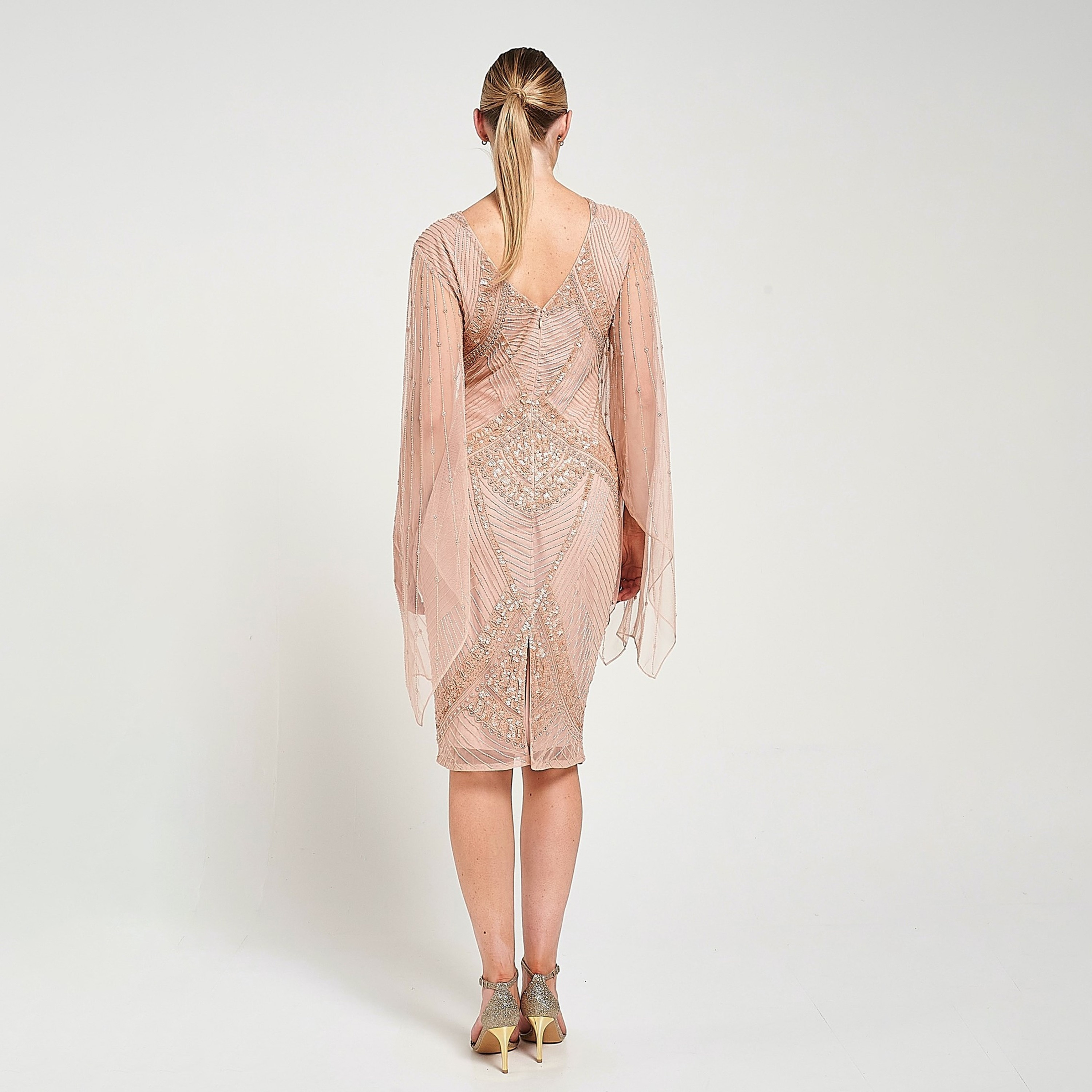 Amelia Rose Peach Sequined Sheer Sleeves Women's Evening Knee Length Dress-women-clothing-dresses-image-3