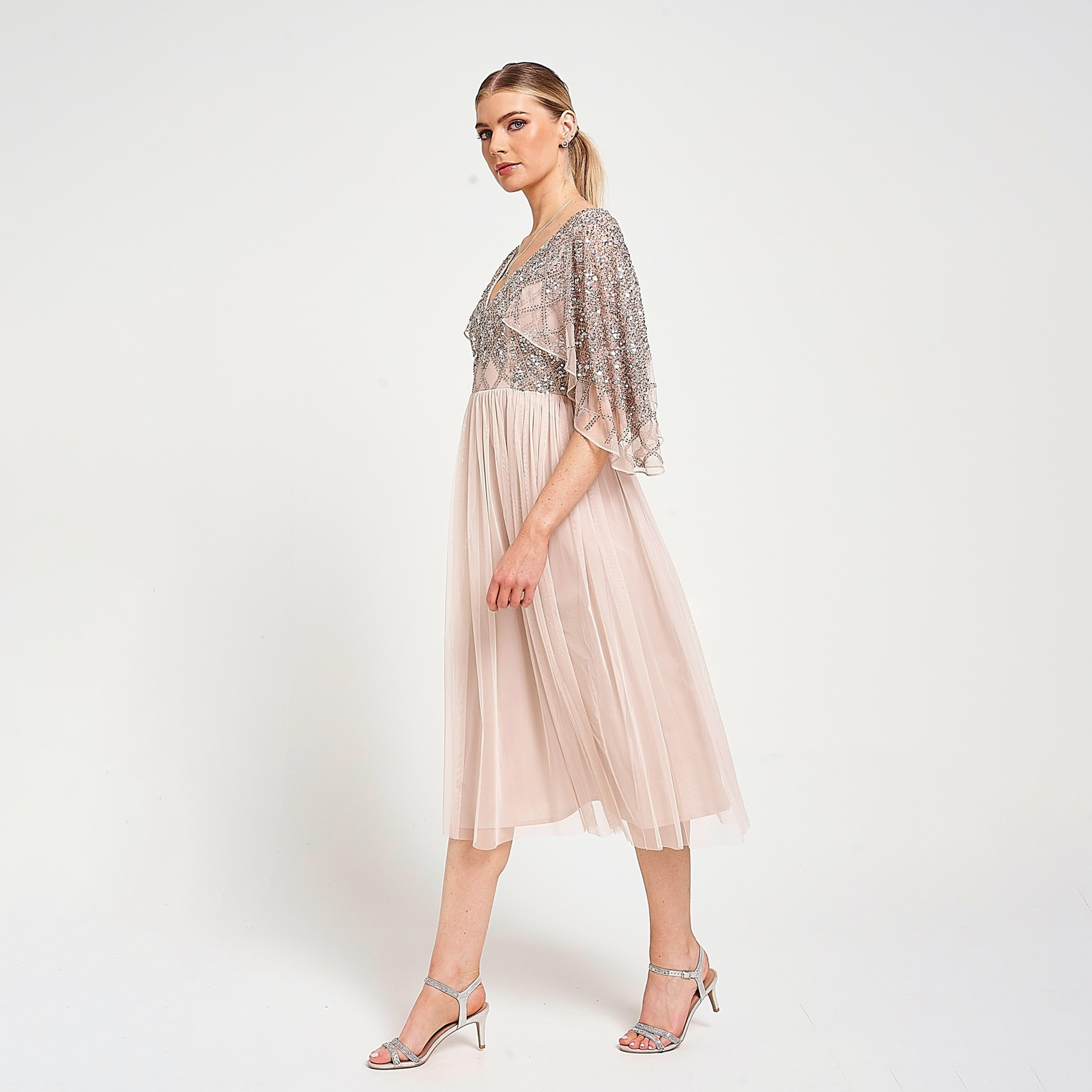 Amelia Rose Sequined Cape Overlay Women's Evening Midi Dress-women-clothing-dresses-image-2