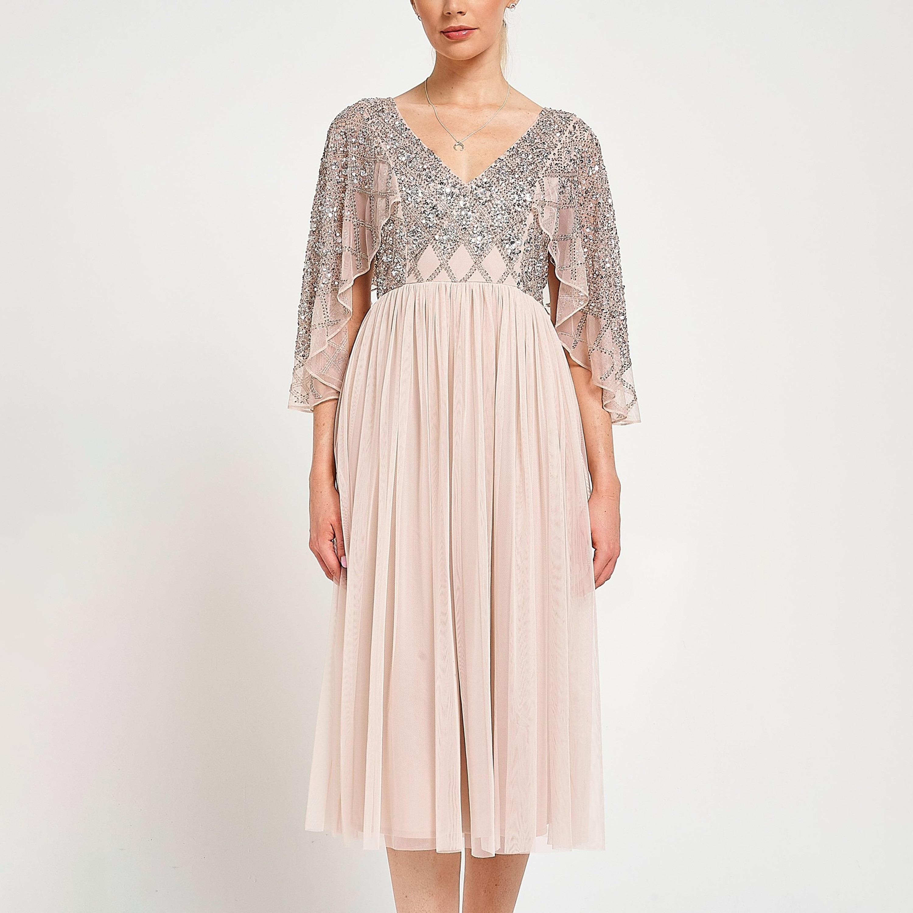 Amelia Rose Sequined Cape Overlay Women's Evening Midi Dress-women-clothing-dresses-image-4