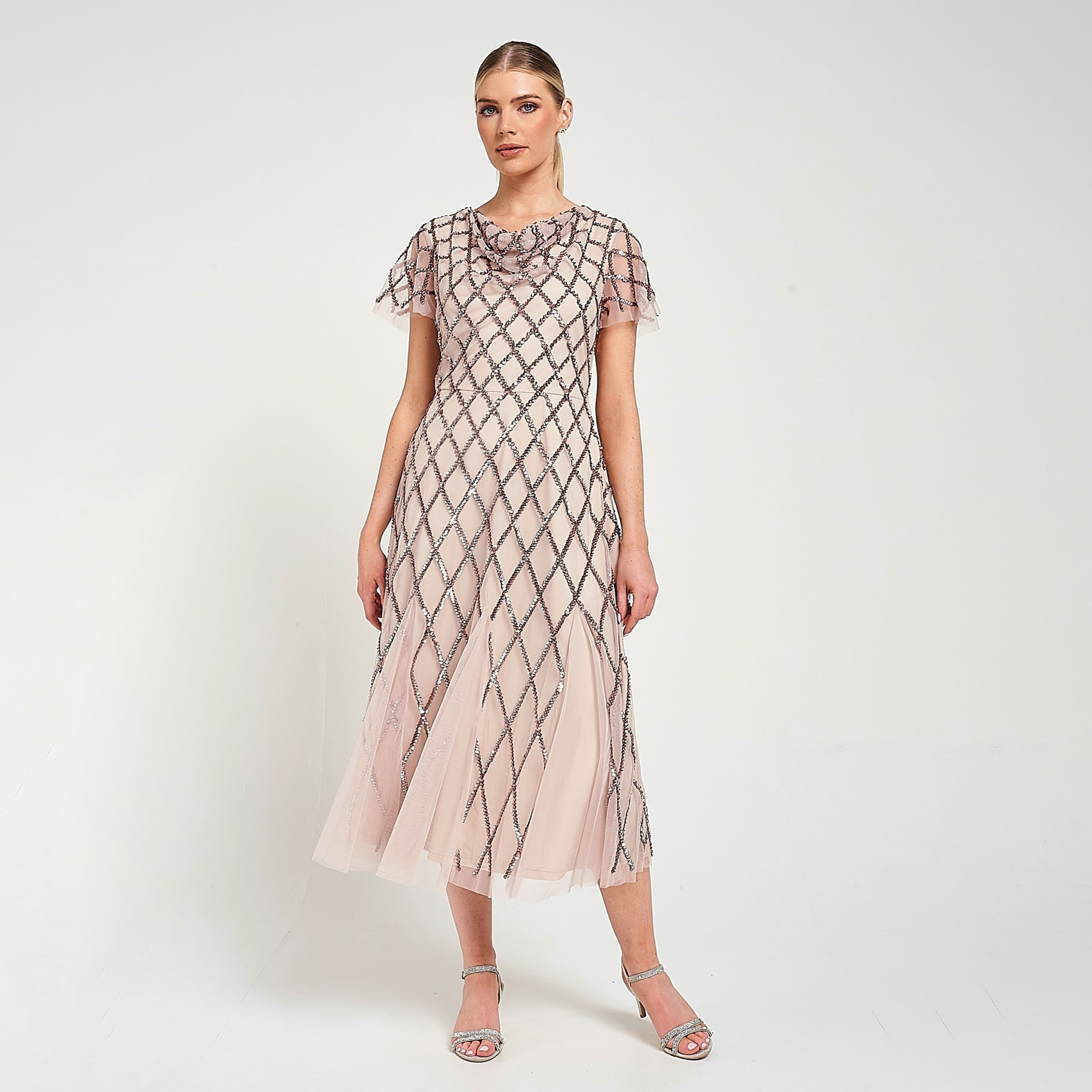 فستان سهرة نسائي متوسط الطول برقبة دائرية مزين بالترتر من أميليا روز-women-clothing-dresses-image-1