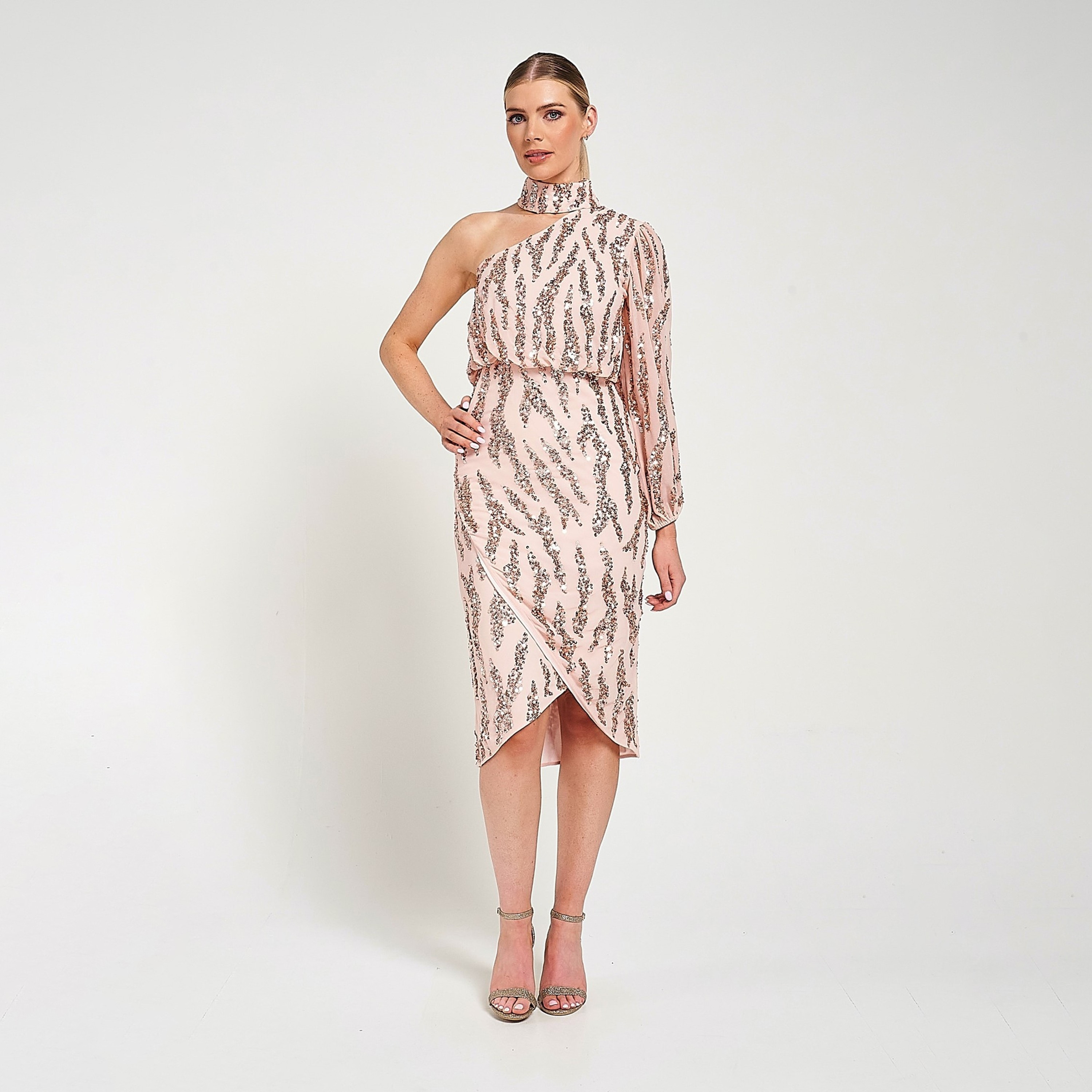 فستان سهرة وردي بكتف واحد متوسط ​​الطول مزين بالترتر من أميليا روز-women-clothing-dresses-image-1