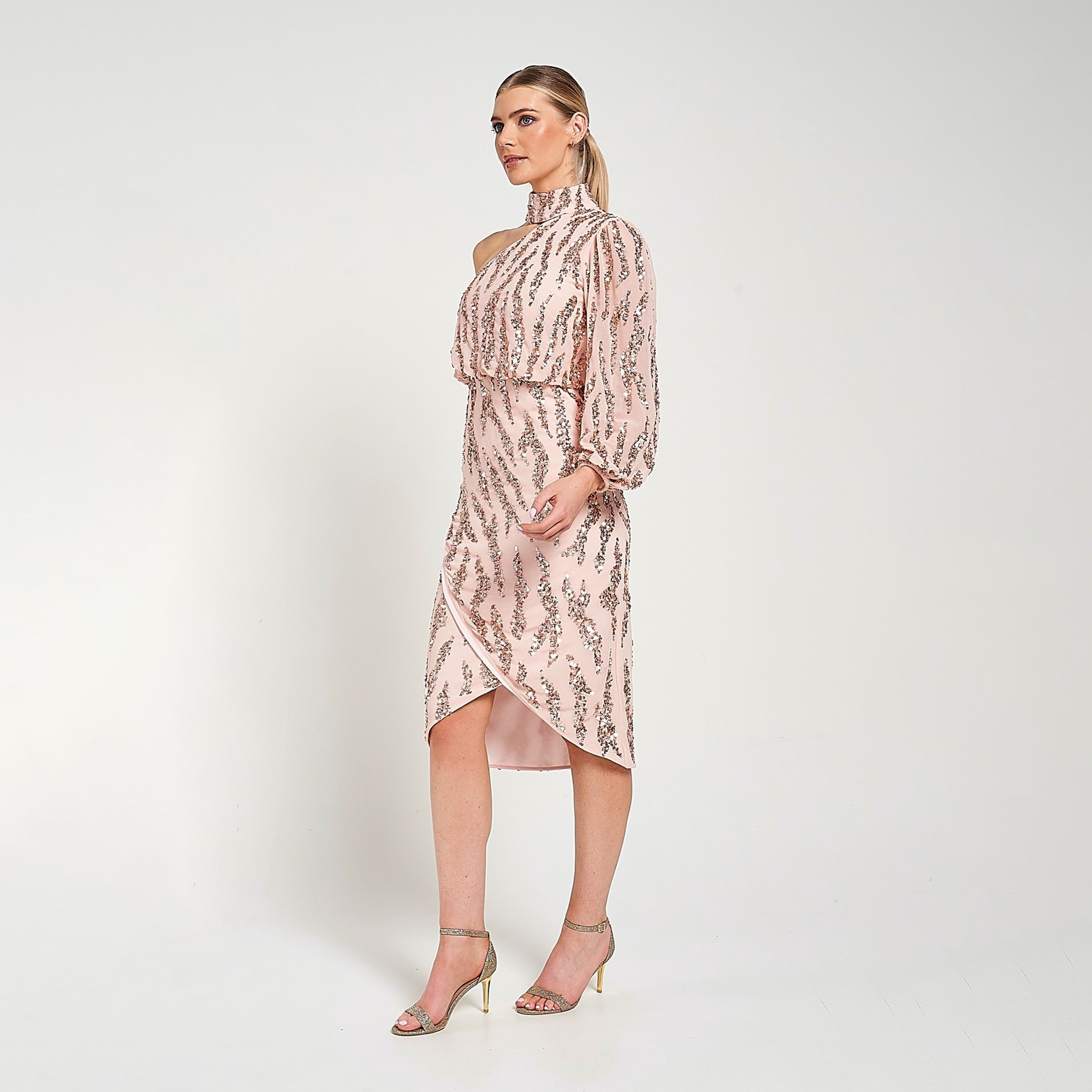 فستان سهرة وردي بكتف واحد متوسط ​​الطول مزين بالترتر من أميليا روز-women-clothing-dresses-image-2