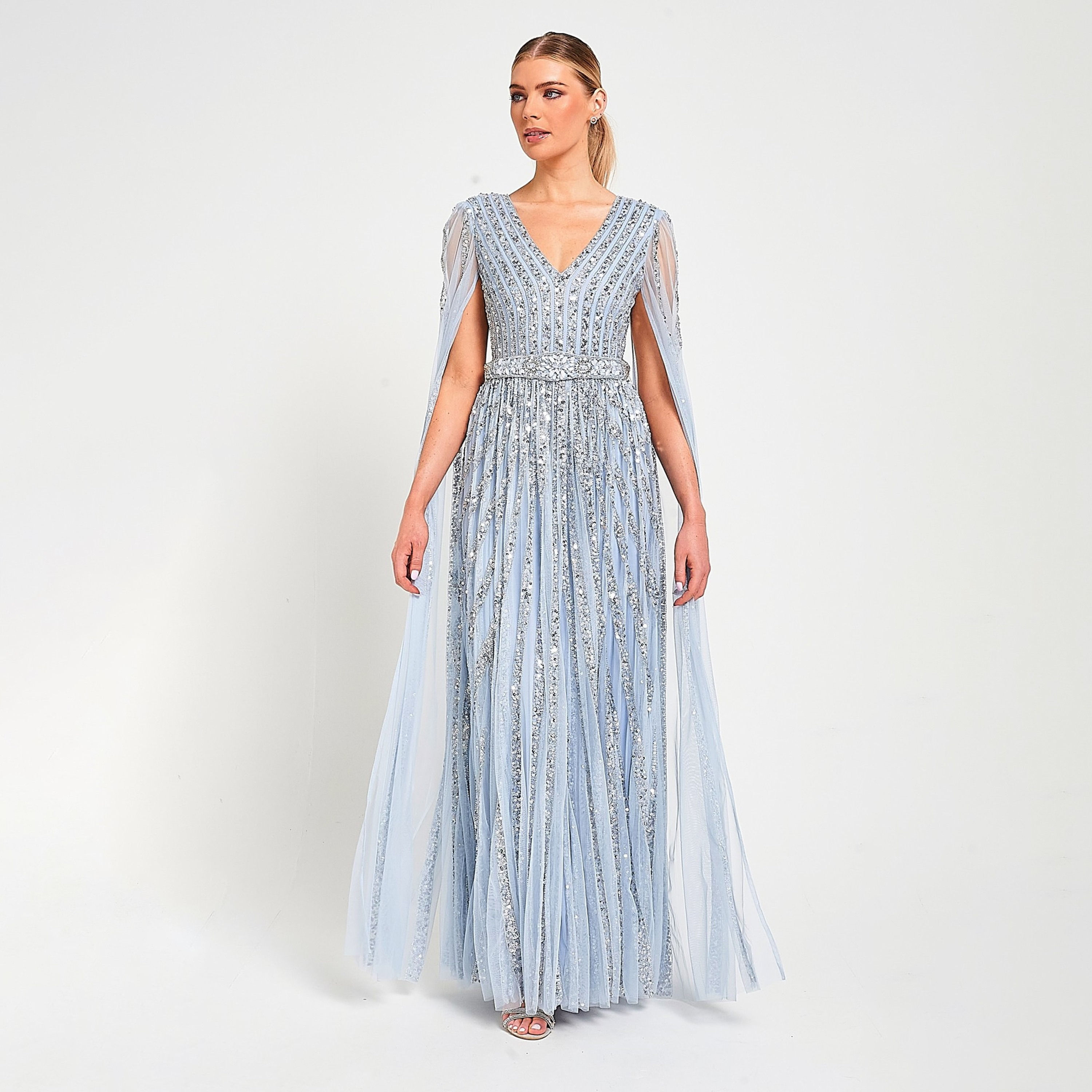 فستان سهرة ماكسي نسائي بأكمام كيب مزين بالترتر باللون الأزرق الوردي من أميليا روز-women-clothing-dresses-image-1