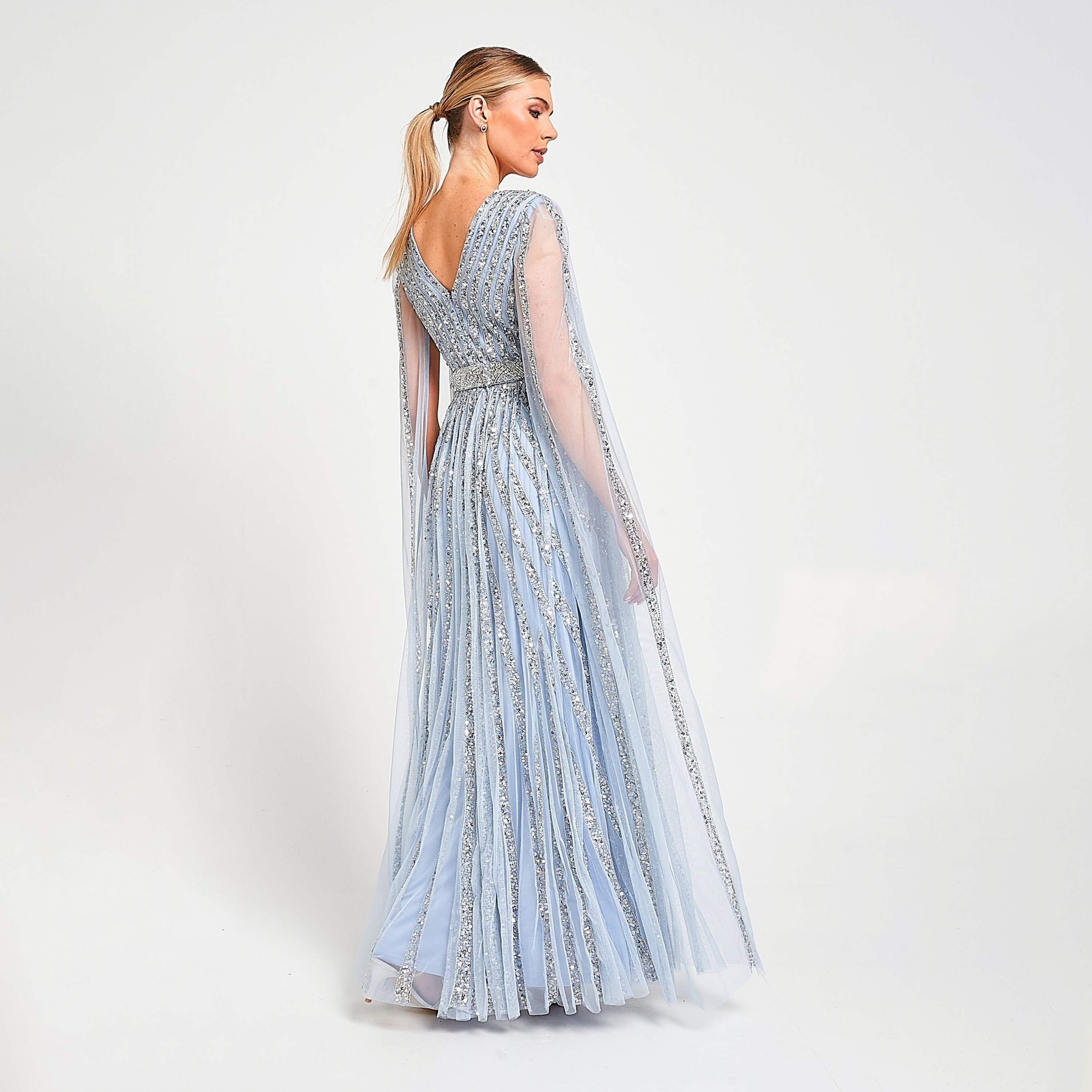 فستان سهرة ماكسي نسائي بأكمام كيب مزين بالترتر باللون الأزرق الوردي من أميليا روز-women-clothing-dresses-image-3