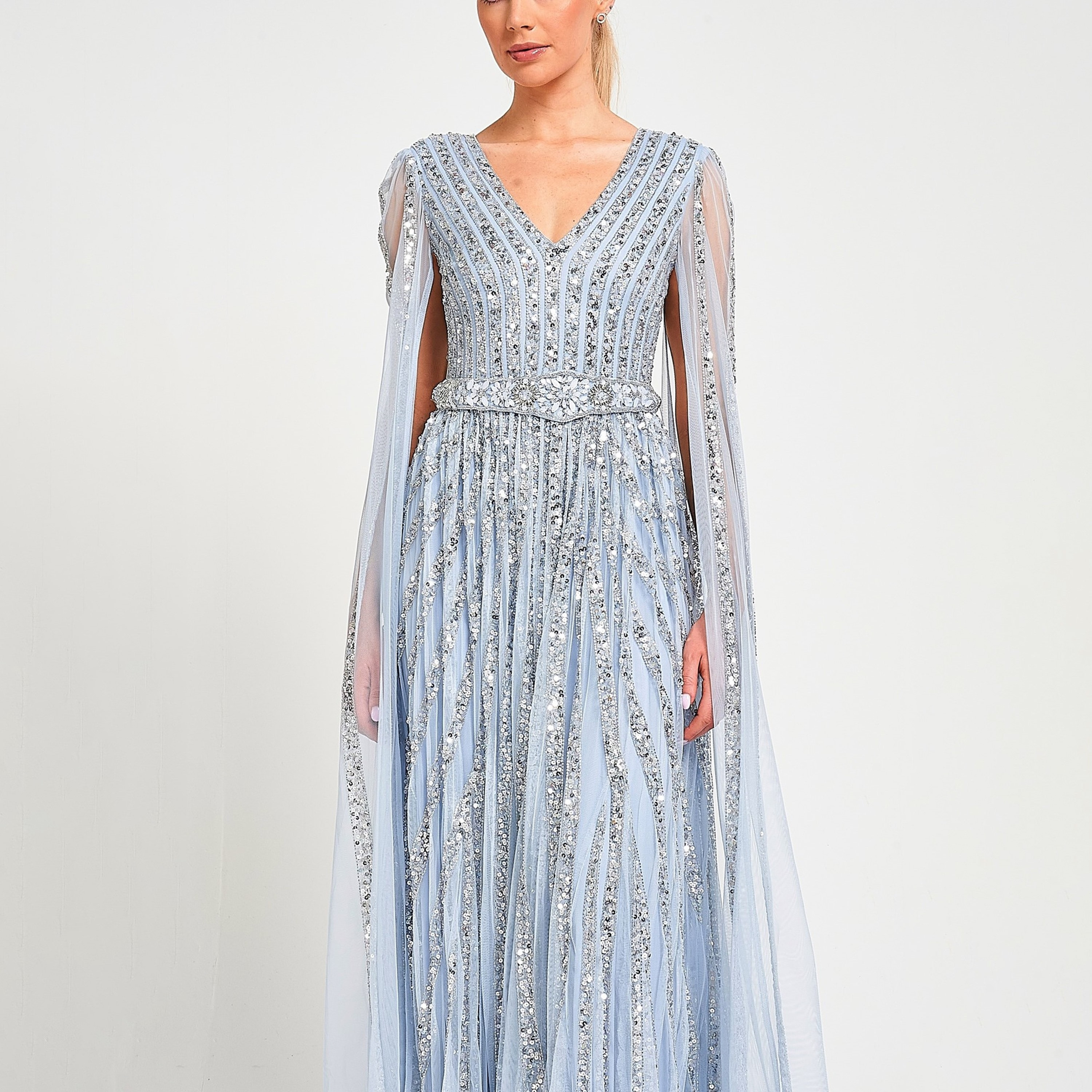 فستان سهرة ماكسي نسائي بأكمام كيب مزين بالترتر باللون الأزرق الوردي من أميليا روز-women-clothing-dresses-image-4