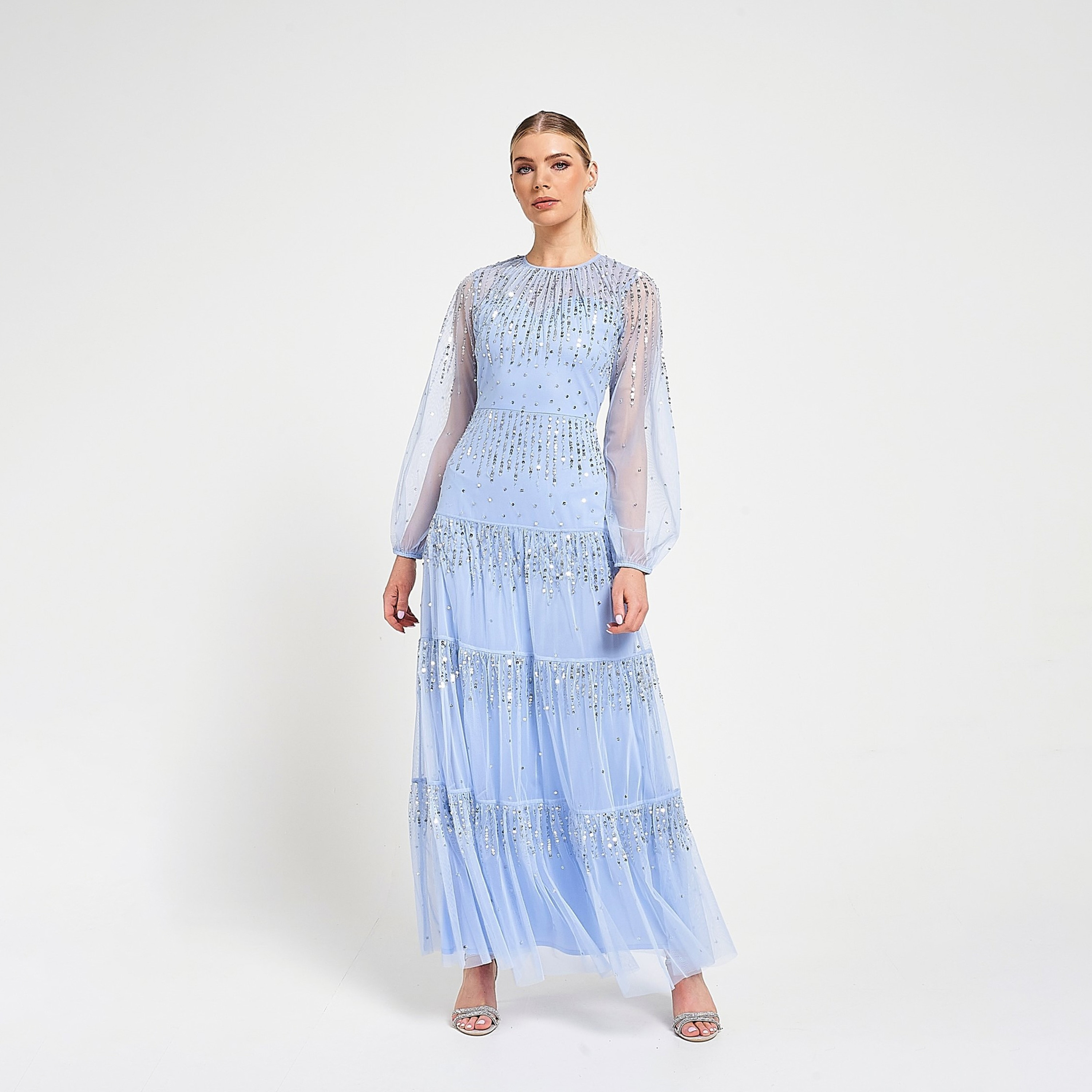 Amelia Rose Blue Sequined & Sheer Balloon Sleeves Tiered Women's Evening Maxi Dress-women-clothing-dresses-image-1