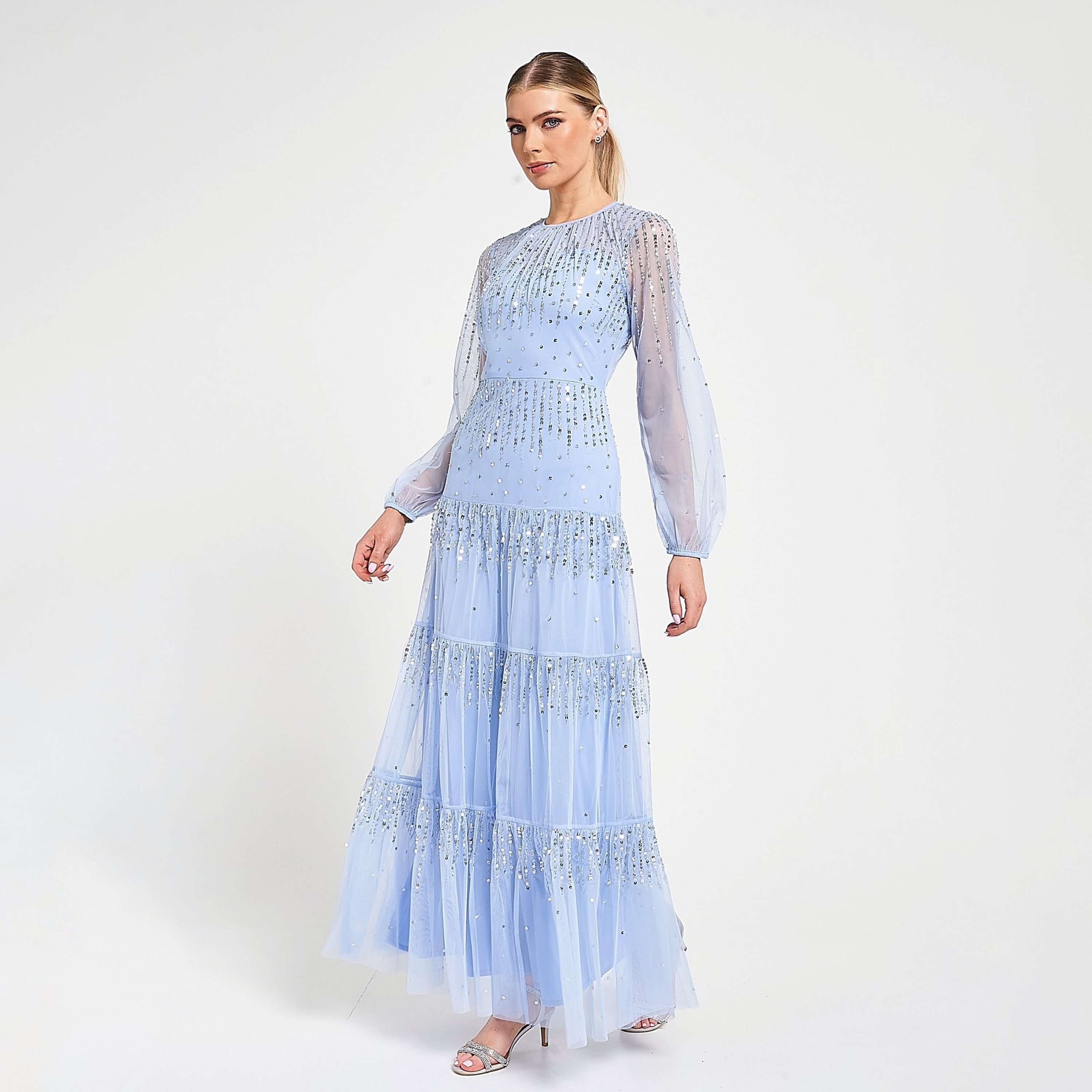 Amelia Rose Blue Sequined & Sheer Balloon Sleeves Tiered Women's Evening Maxi Dress-women-clothing-dresses-image-2
