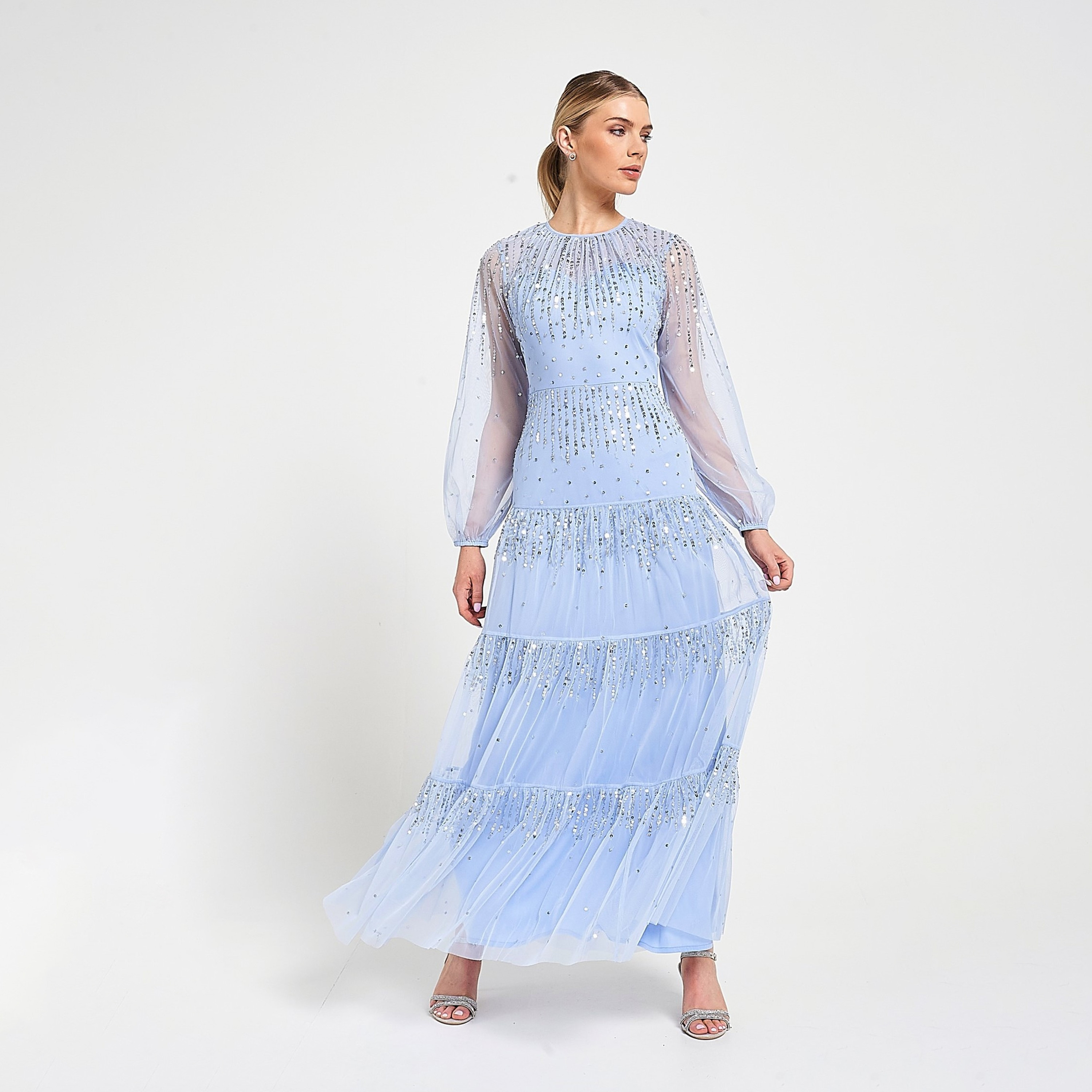 Amelia Rose Blue Sequined & Sheer Balloon Sleeves Tiered Women's Evening Maxi Dress-women-clothing-dresses-image-3