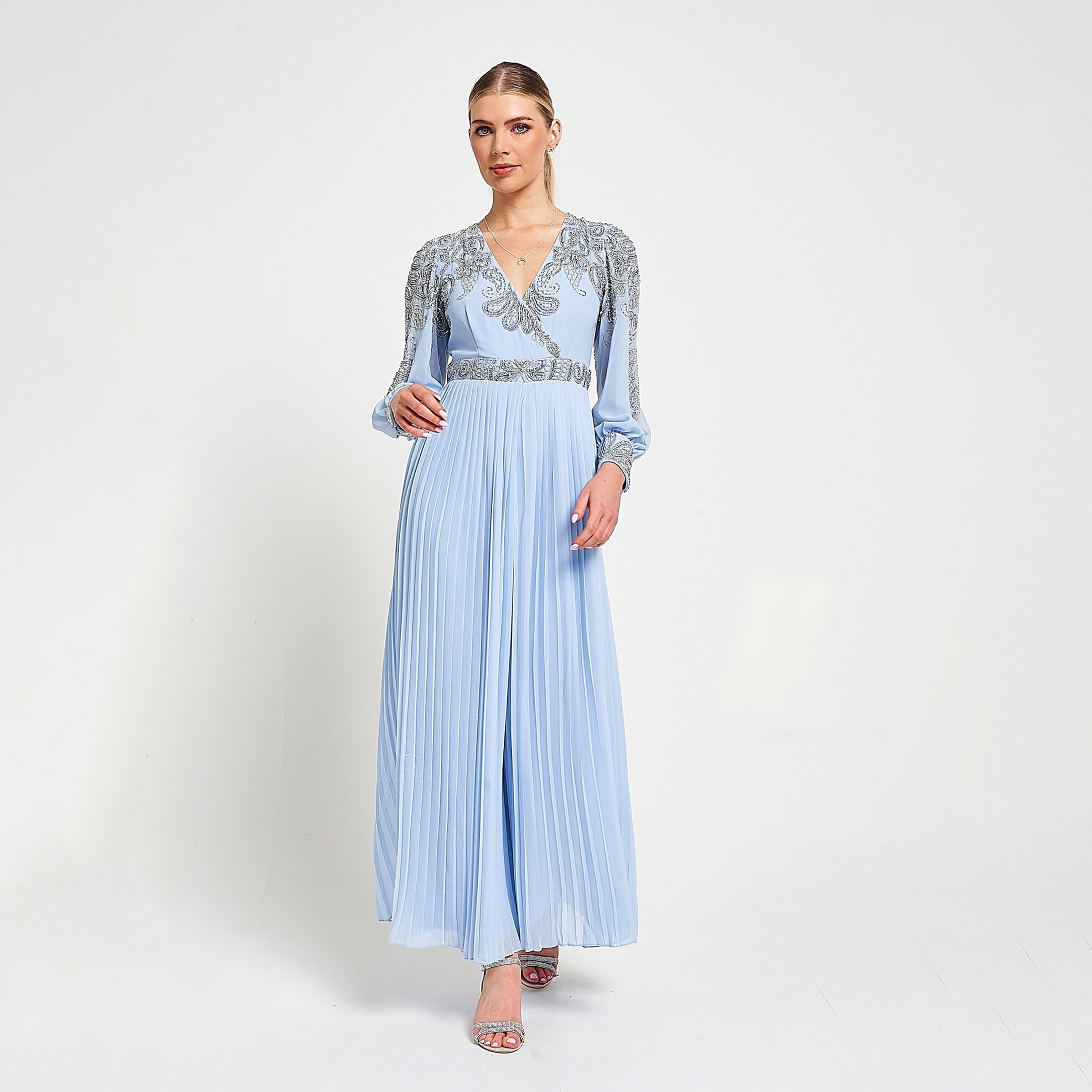 فستان سهرة طويل نسائي مع ثنيات وأكمام مزخرفة من أميليا روز-women-clothing-dresses-image-1