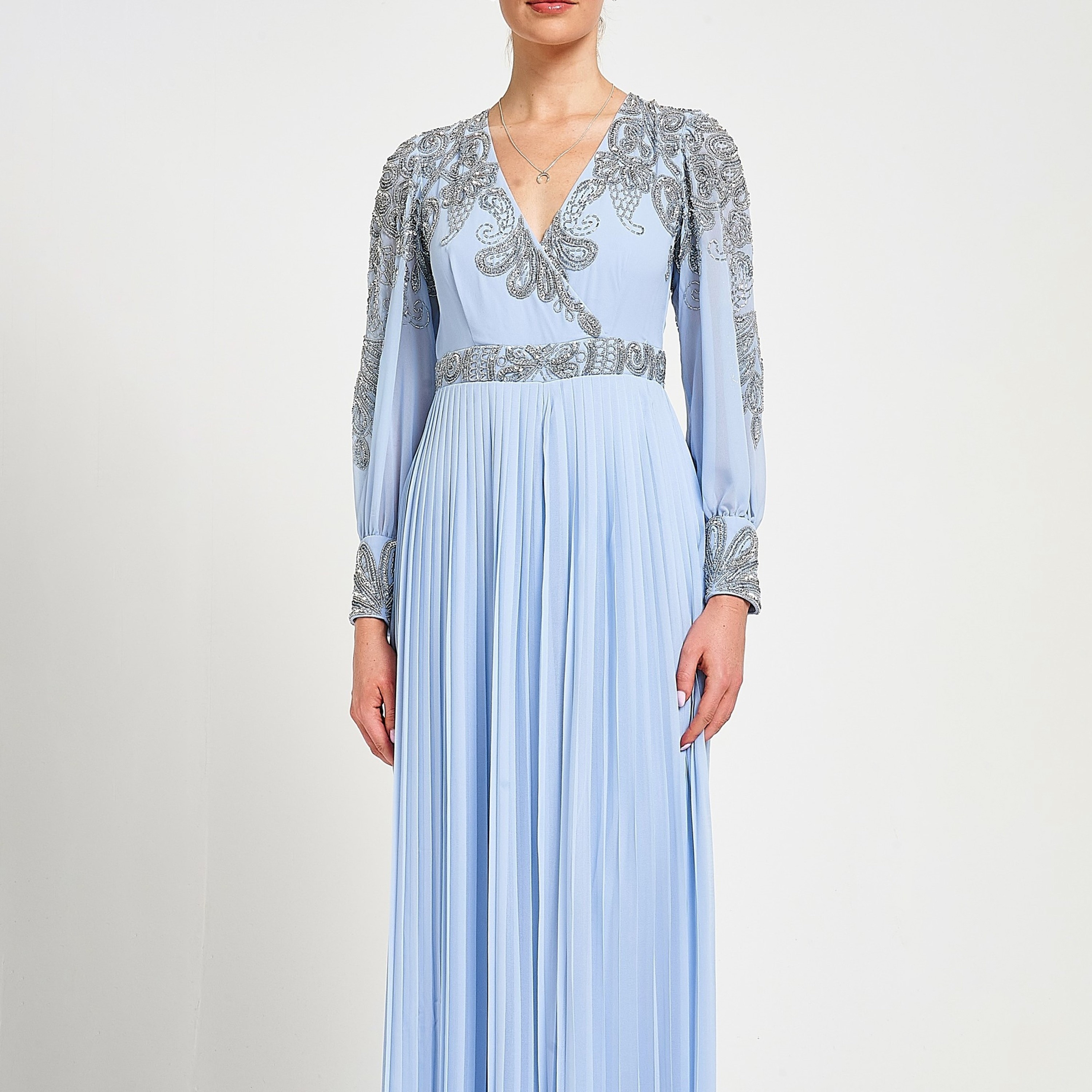 فستان سهرة طويل نسائي مع ثنيات وأكمام مزخرفة من أميليا روز-women-clothing-dresses-image-4