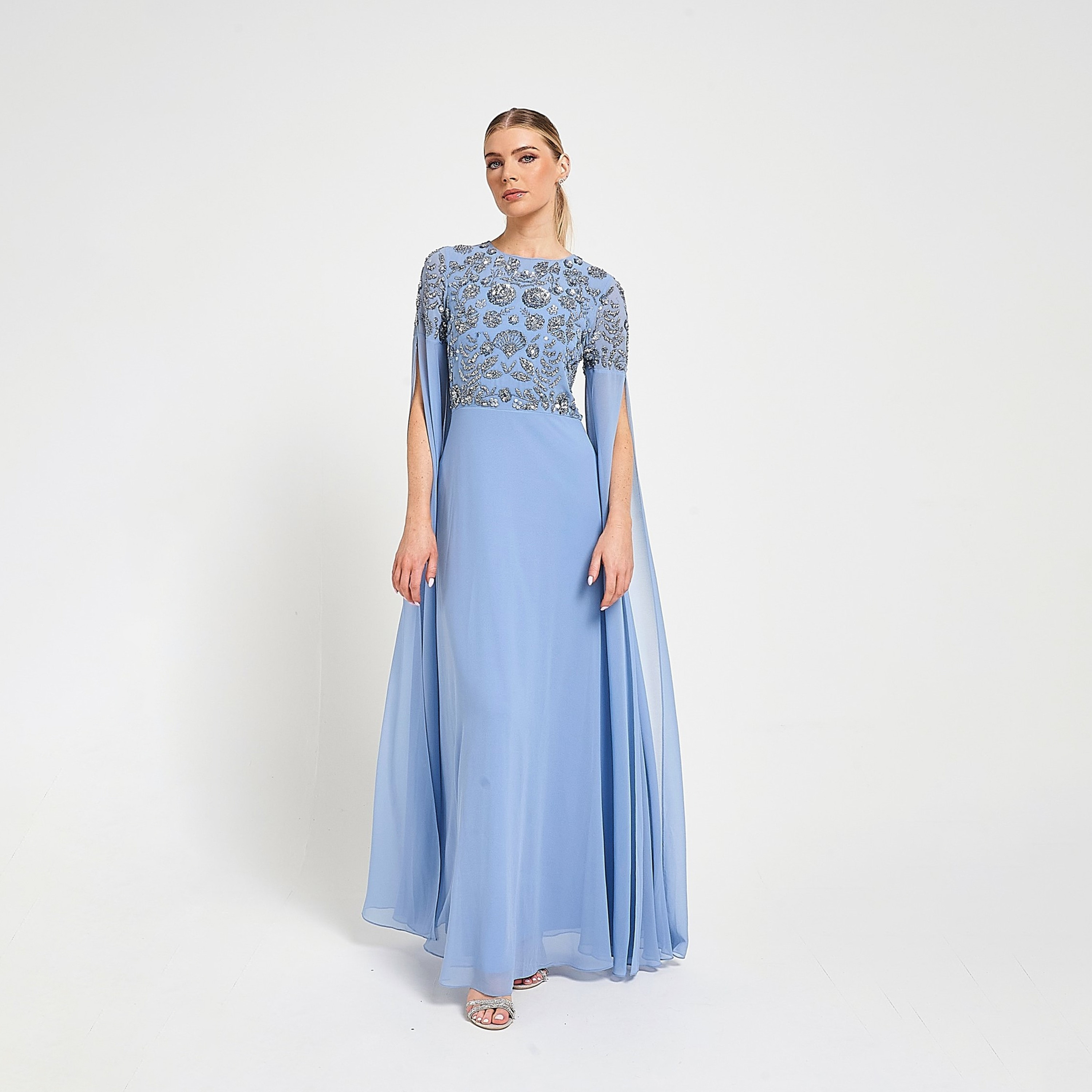 Amelia Rose Blue Sequined Cape Sleeves Women's Evening Maxi Dress-women-clothing-dresses-image-1
