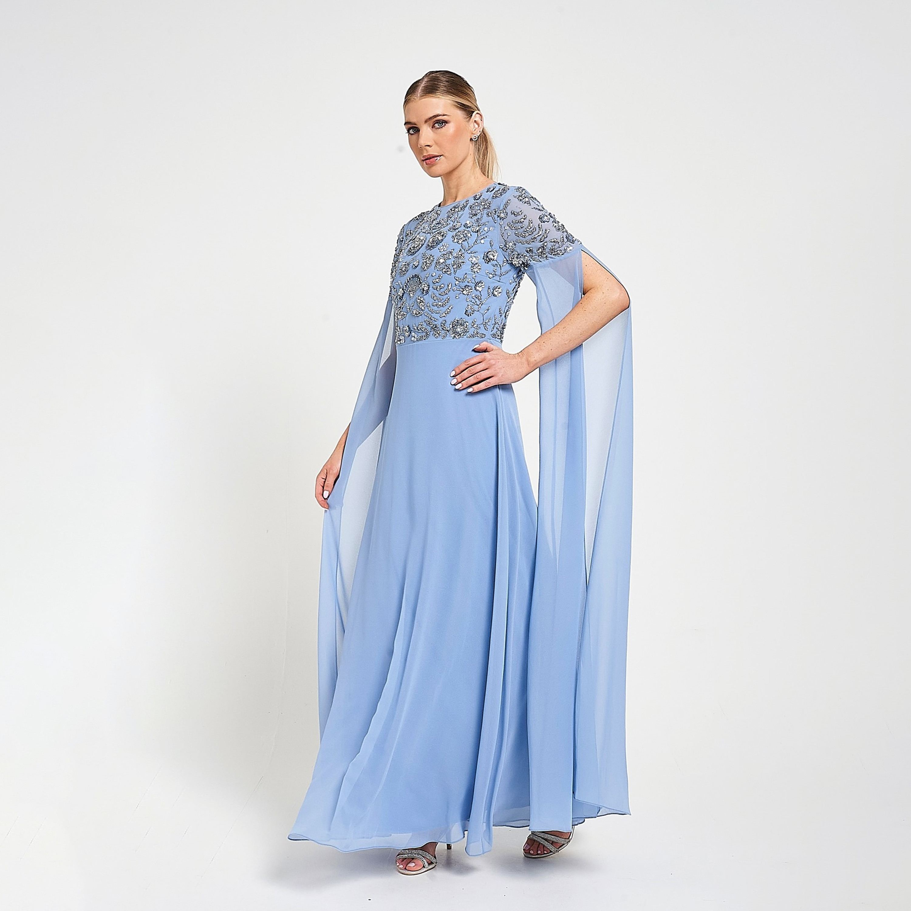 Amelia Rose Blue Sequined Cape Sleeves Women's Evening Maxi Dress-women-clothing-dresses-image-2