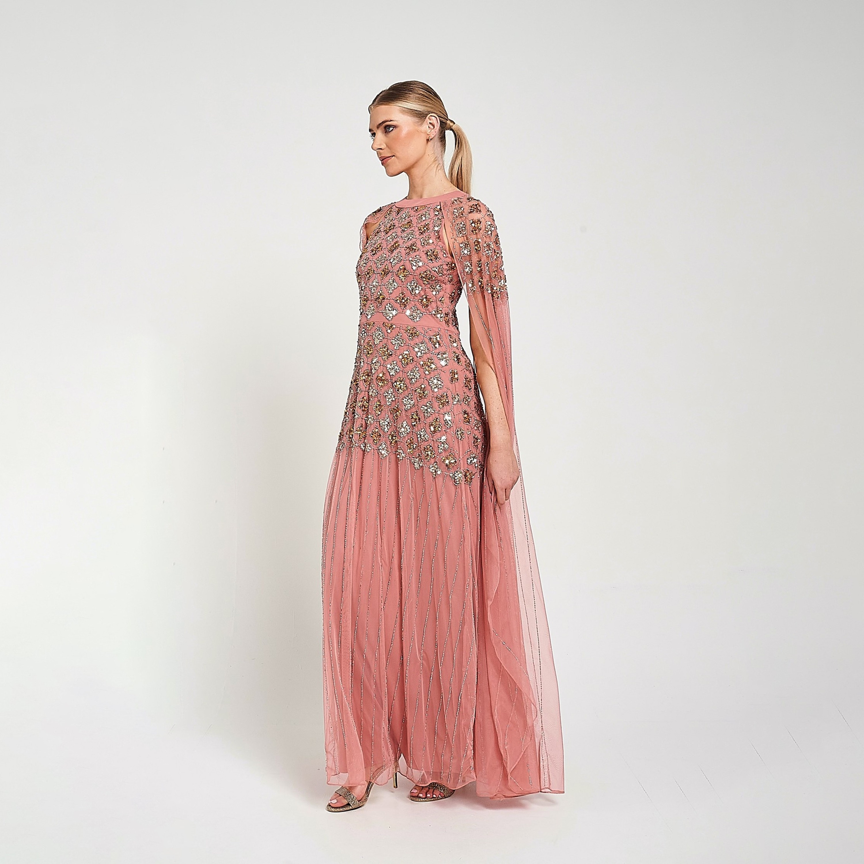 Amelia Rose Pink Sequined & Beaded Cape Overlay Women's Evening Maxi Dress-women-clothing-dresses-image-2