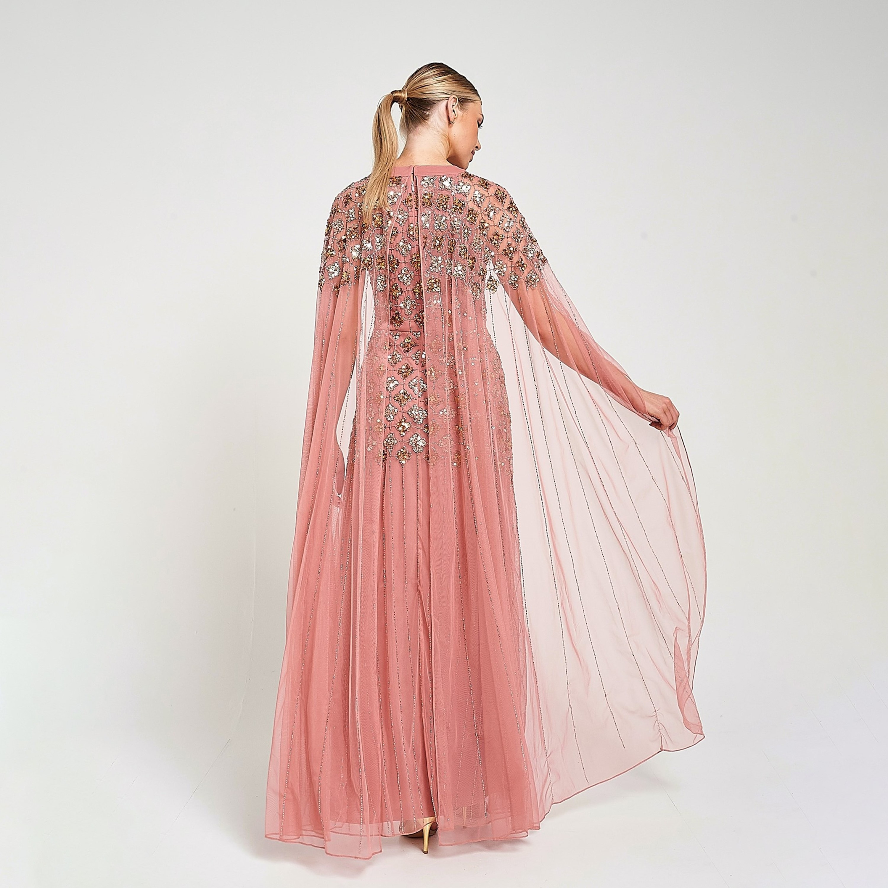 Amelia Rose Pink Sequined & Beaded Cape Overlay Women's Evening Maxi Dress-women-clothing-dresses-image-3