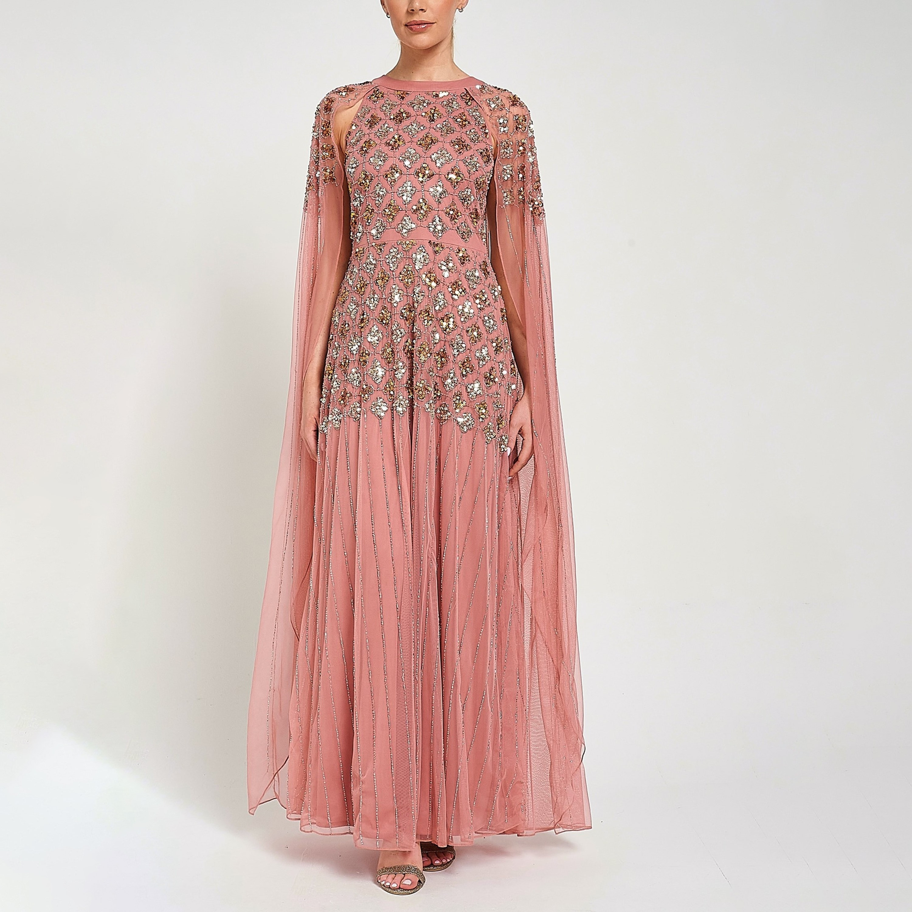 Amelia Rose Pink Sequined & Beaded Cape Overlay Women's Evening Maxi Dress-women-clothing-dresses-image-4