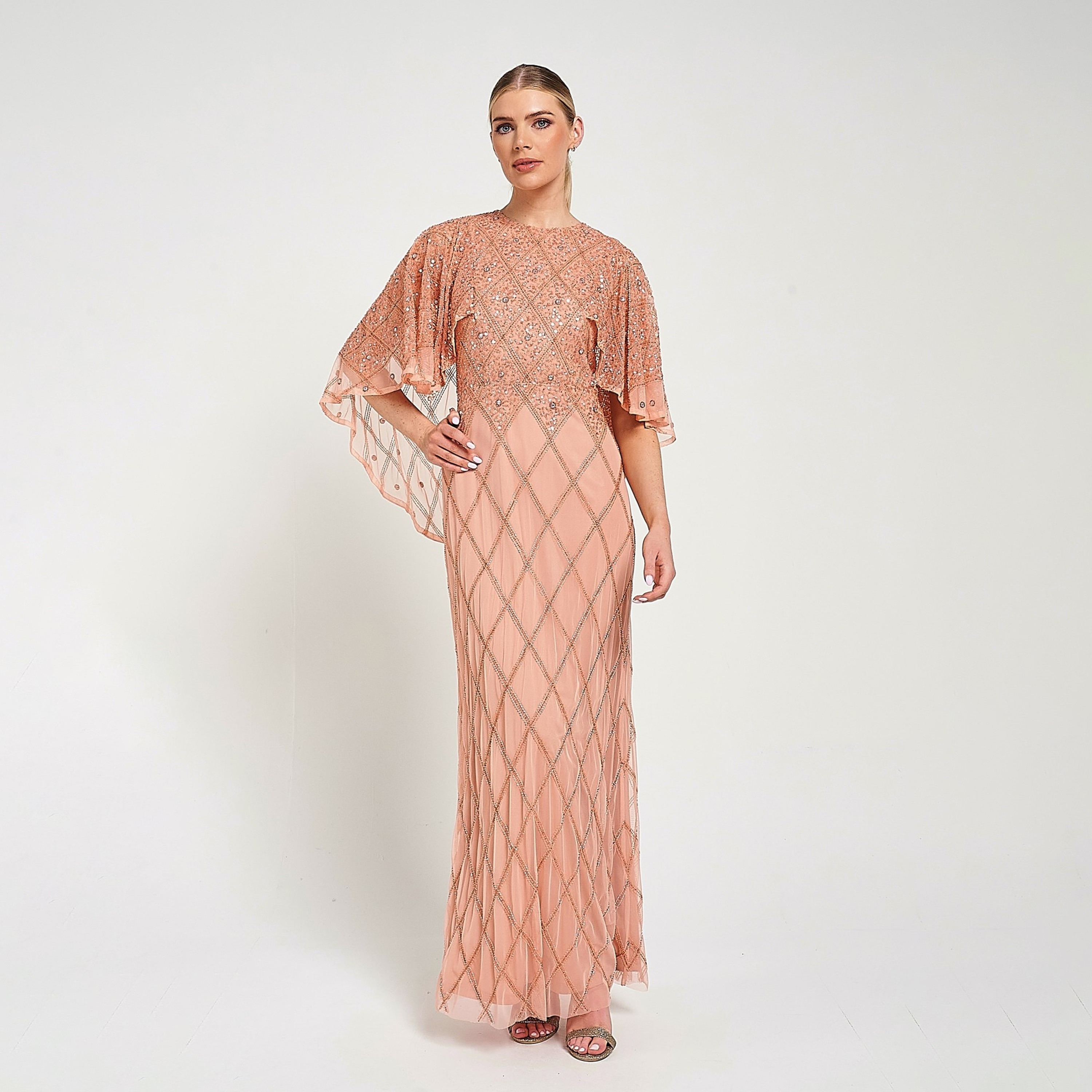 فستان سهرة ماكسي نسائي بلون الخوخ مع طبقة شفافة من الكاب من أميليا روز-women-clothing-dresses-image-1