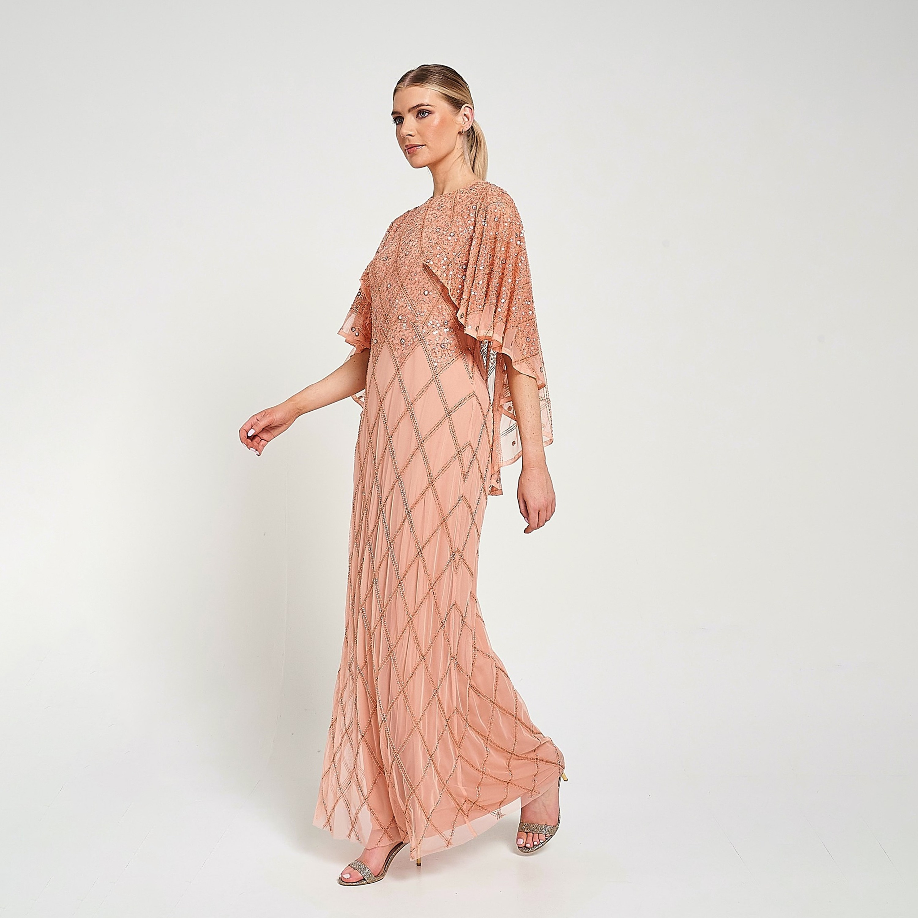 Amelia Rose Peach Embellished Sheer Cape Overlay Women's Evening Maxi Dress-women-clothing-dresses-image-2