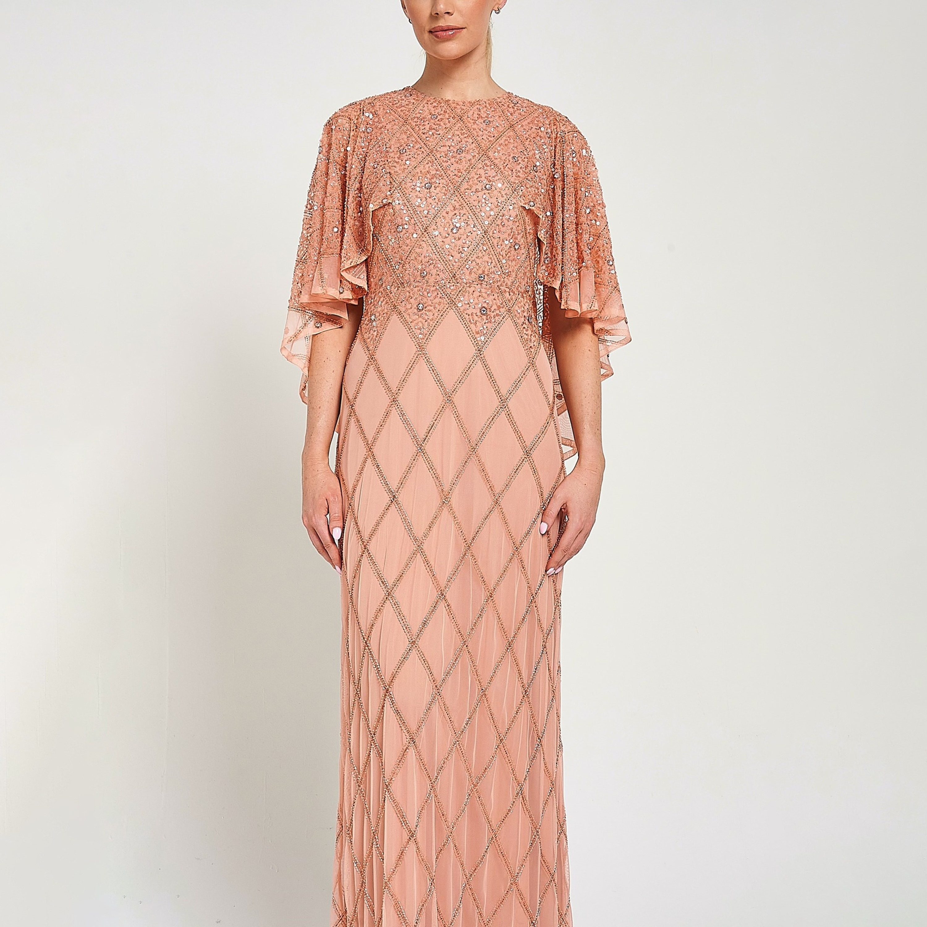 فستان سهرة ماكسي نسائي بلون الخوخ مع طبقة شفافة من الكاب من أميليا روز-women-clothing-dresses-image-4
