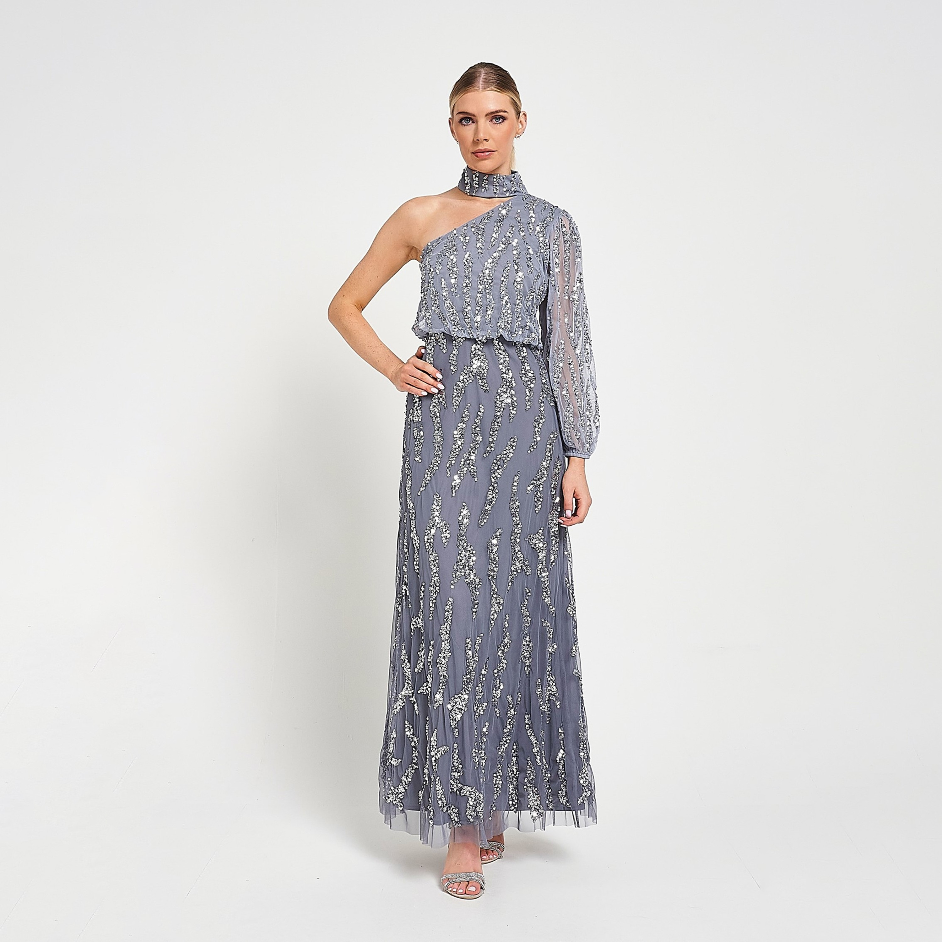 Amelia Rose Grey Sequined Choker High Neck One Shoulder Women's Evening Maxi Dress-women-clothing-dresses-image-1