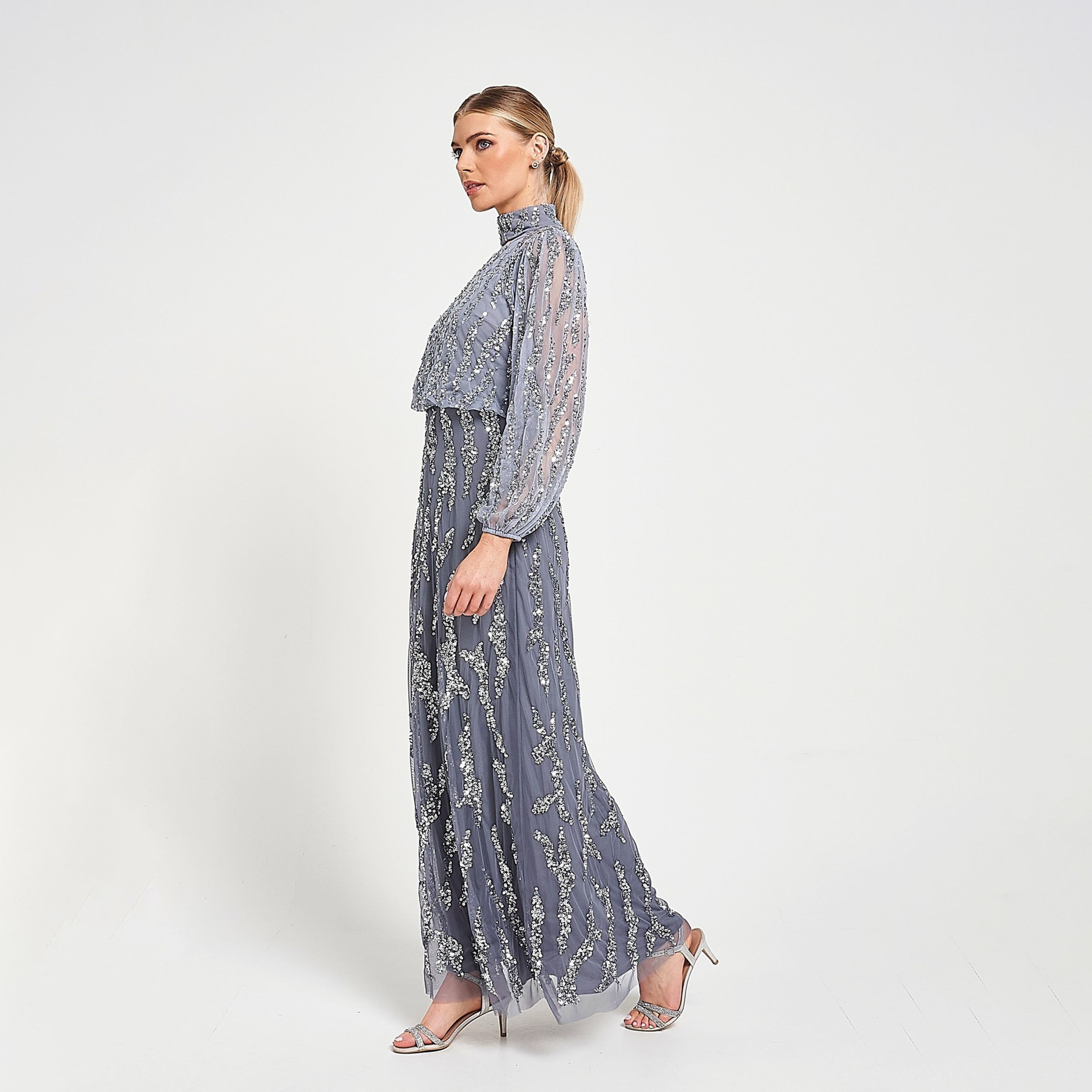 فستان سهرة ماكسي نسائي جراي مزين بالترتر، بياقة عالية وكتف واحد من أميليا روز-women-clothing-dresses-image-2