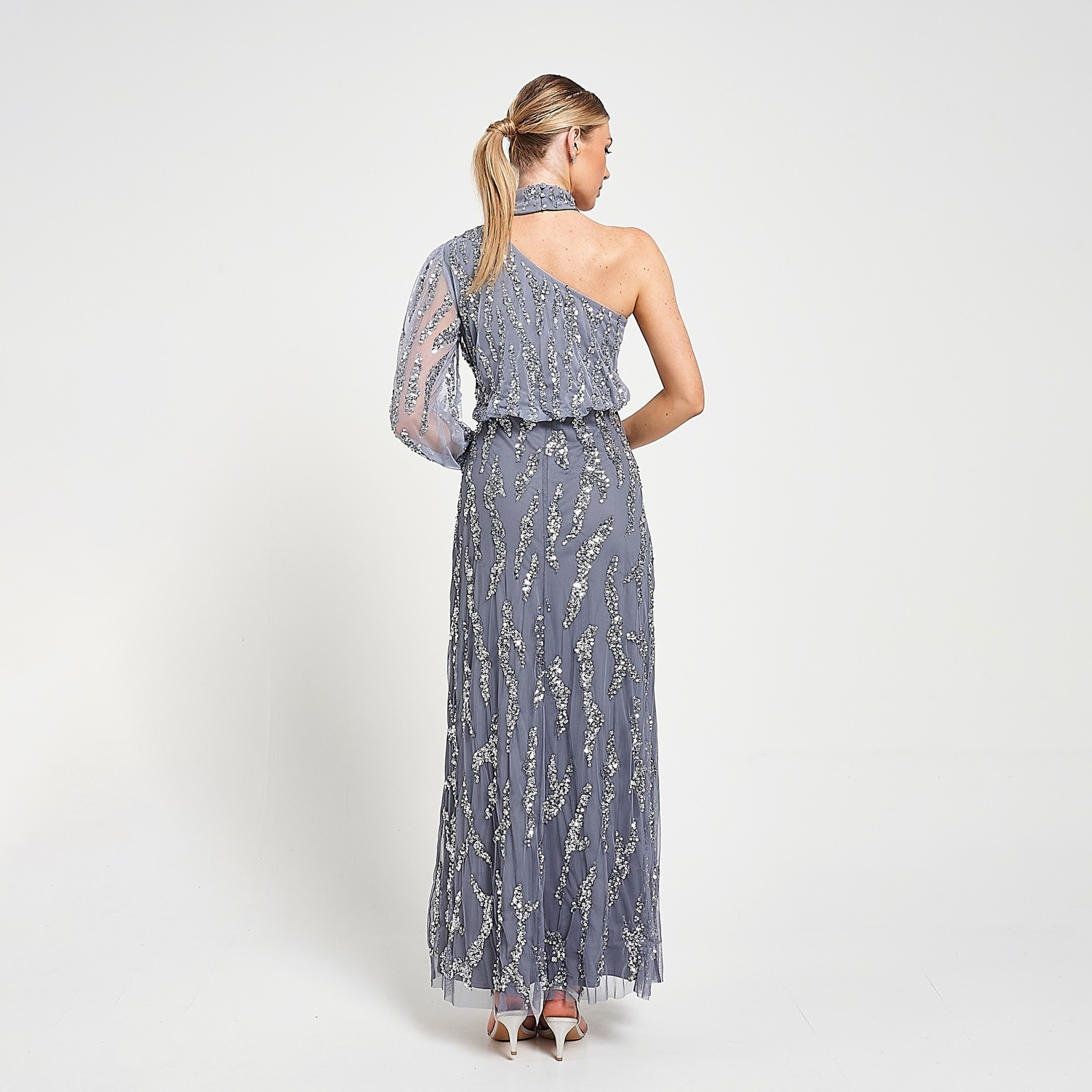 Amelia Rose Grey Sequined Choker High Neck One Shoulder Women's Evening Maxi Dress-women-clothing-dresses-image-3