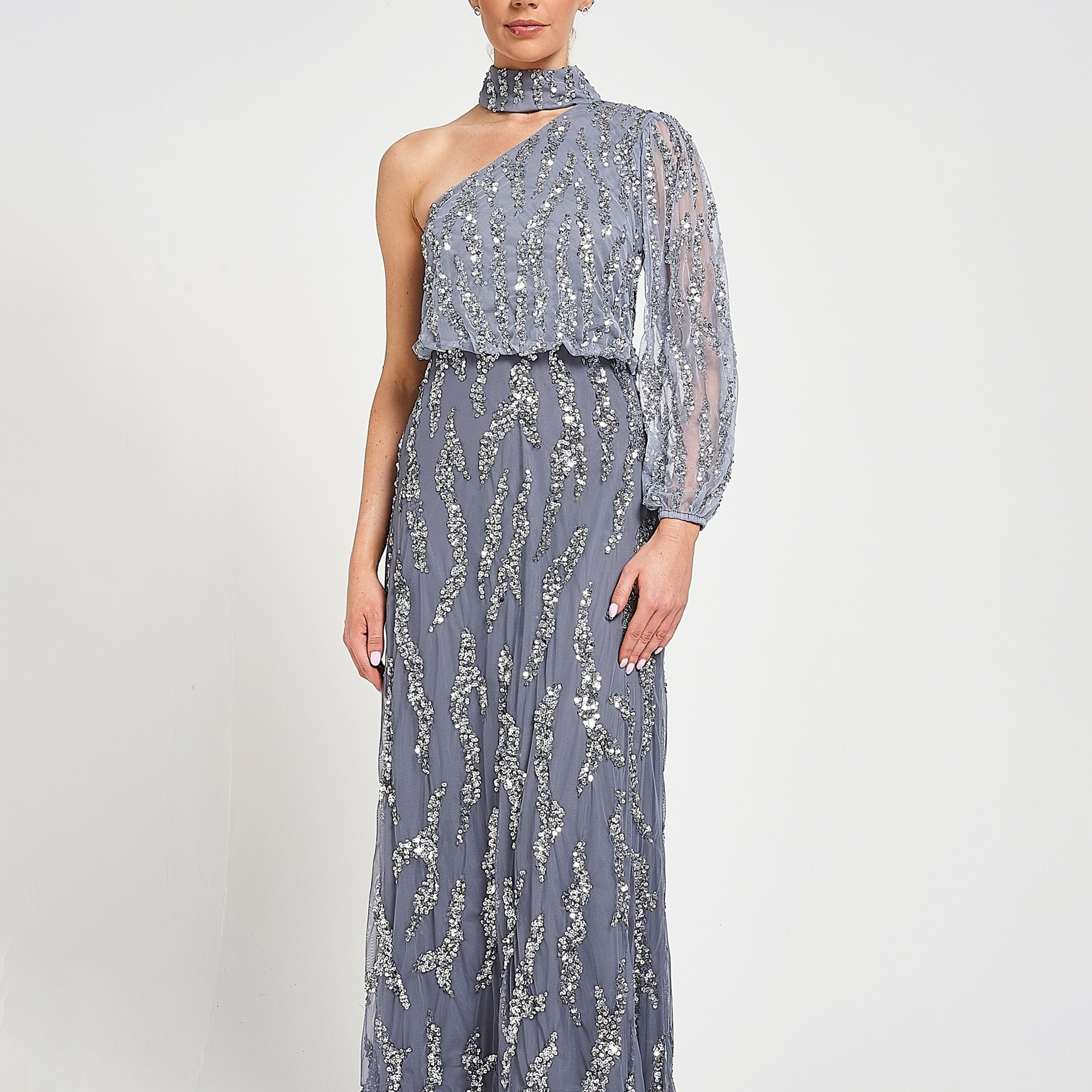فستان سهرة ماكسي نسائي جراي مزين بالترتر، بياقة عالية وكتف واحد من أميليا روز-women-clothing-dresses-image-4