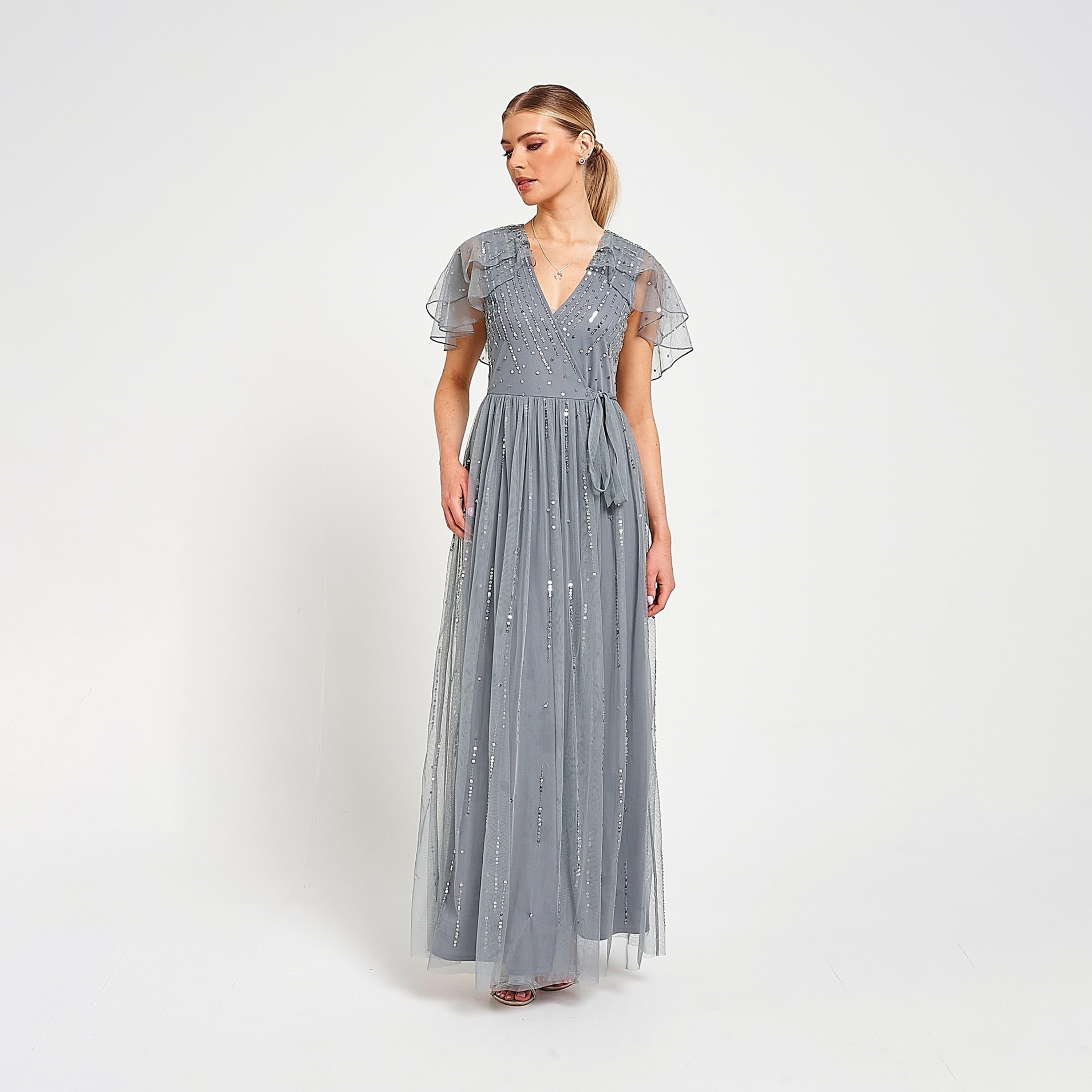 Amelia Rose Grey Sequined Layered Sheer Cape Sleeves Wrap Women's Evening Maxi Dress-women-clothing-dresses-image-1