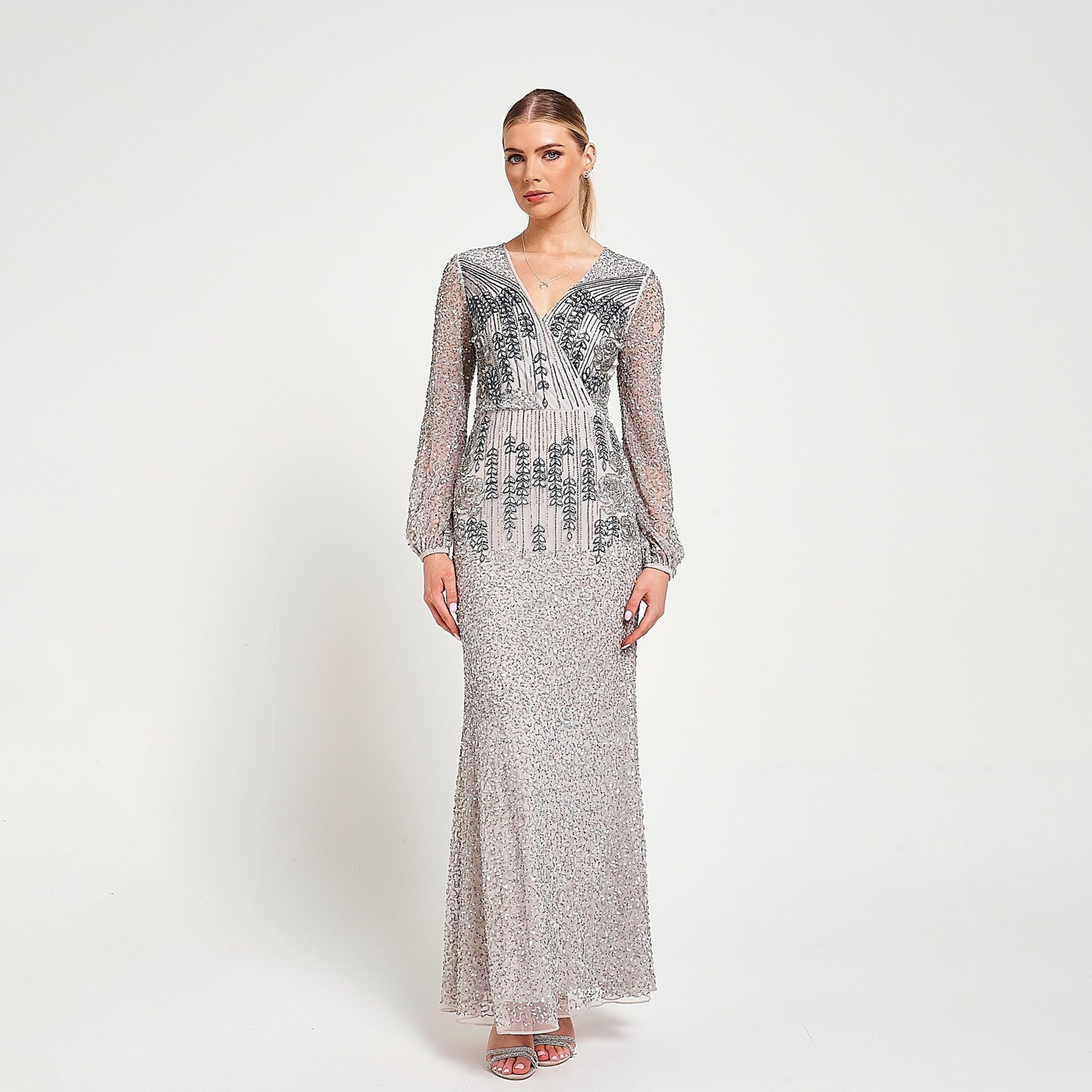 Amelia Rose Grey Beaded & Crystal Sheer Sleeves Women's Evening Maxi Dress-women-clothing-dresses-image-1