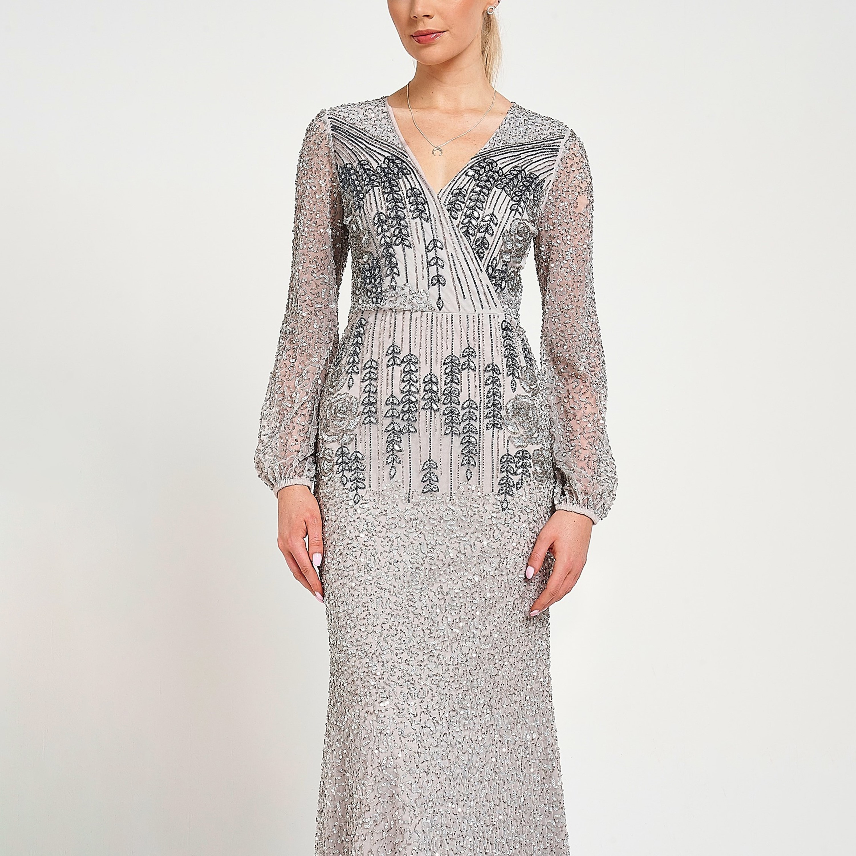 Amelia Rose Grey Beaded & Crystal Sheer Sleeves Women's Evening Maxi Dress-women-clothing-dresses-image-4