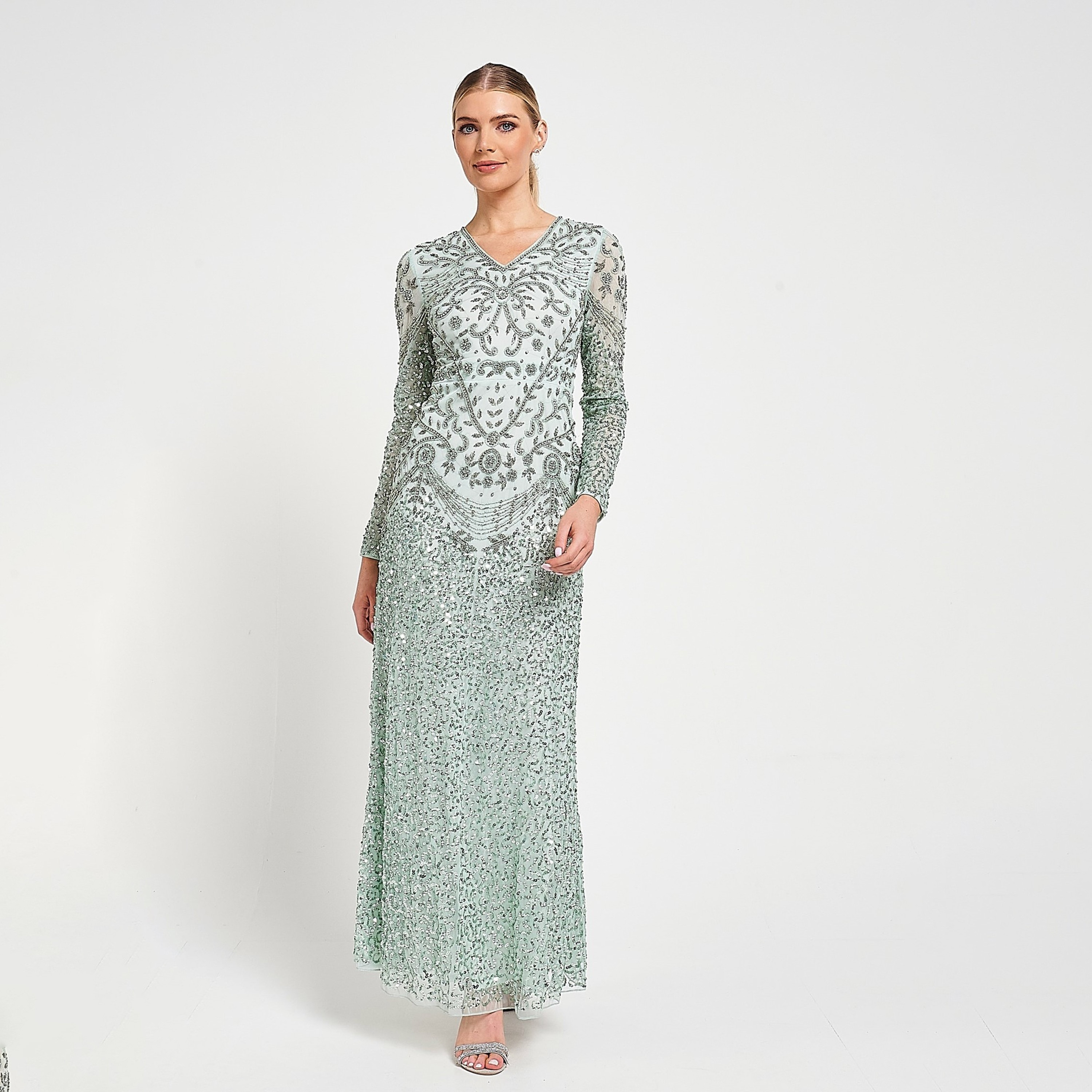 فستان سهرة ماكسي نسائي، أخضر، مزين بالترتر والخرز من أميليا روز-women-clothing-dresses-image-1
