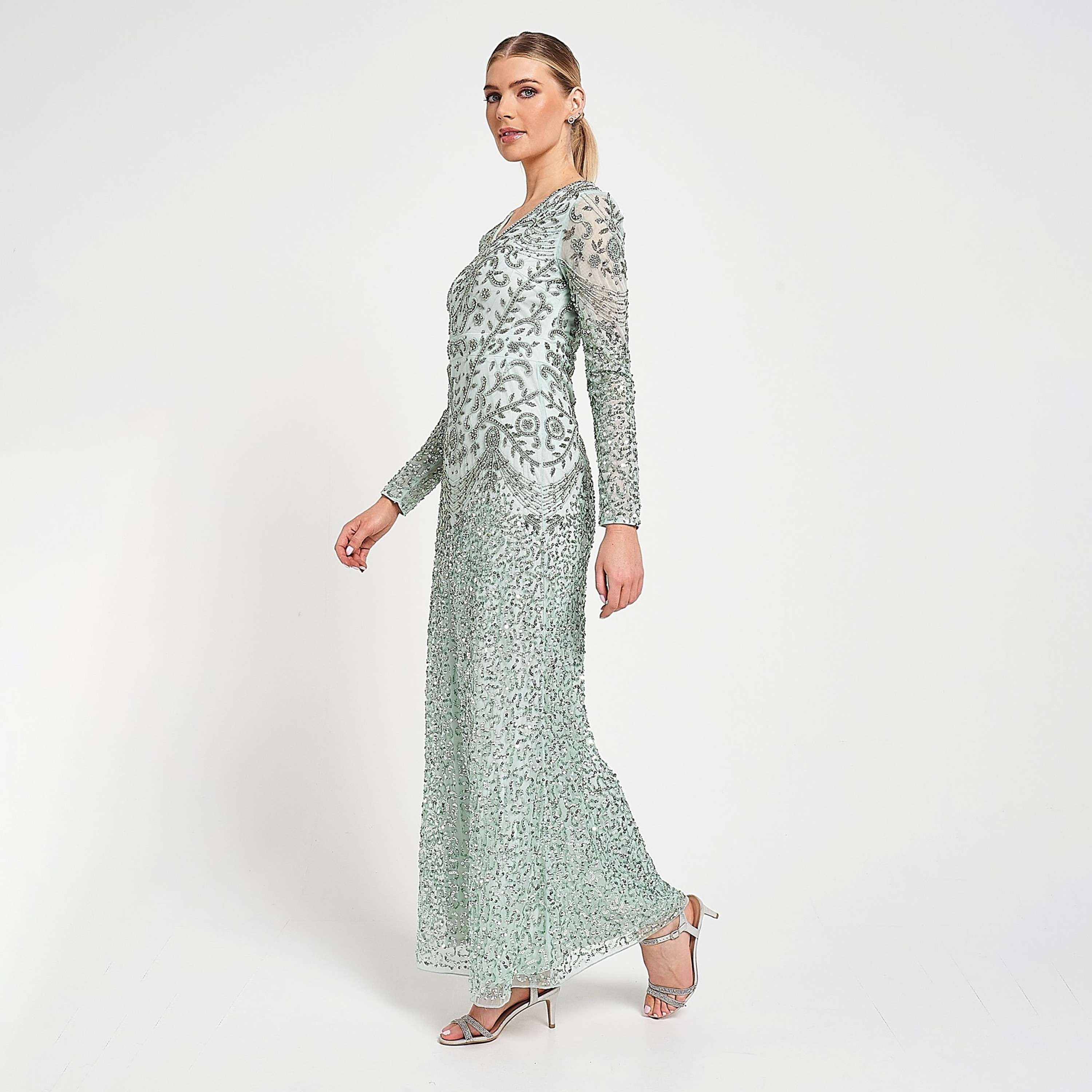 فستان سهرة ماكسي نسائي، أخضر، مزين بالترتر والخرز من أميليا روز-women-clothing-dresses-image-2