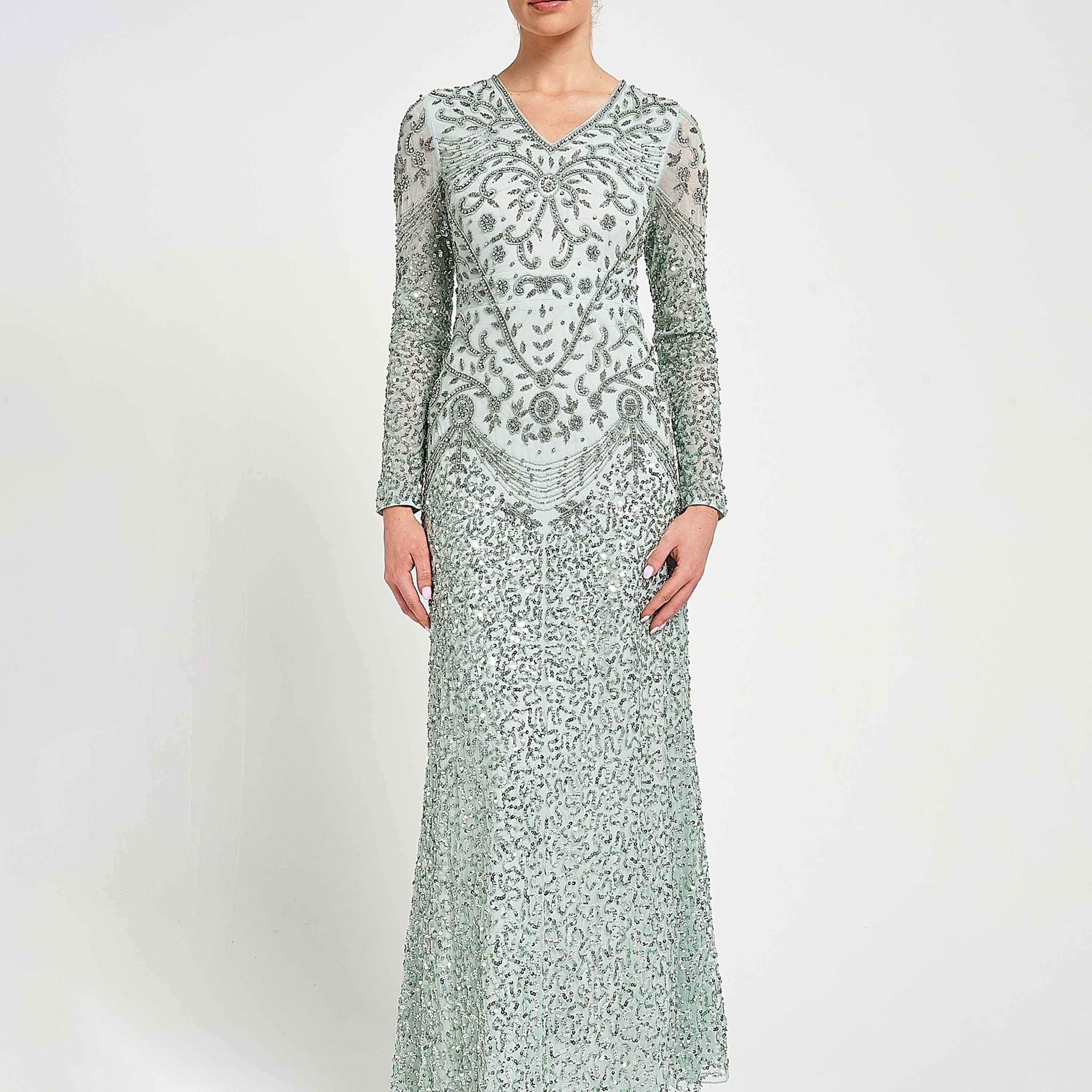 فستان سهرة ماكسي نسائي، أخضر، مزين بالترتر والخرز من أميليا روز-women-clothing-dresses-image-4