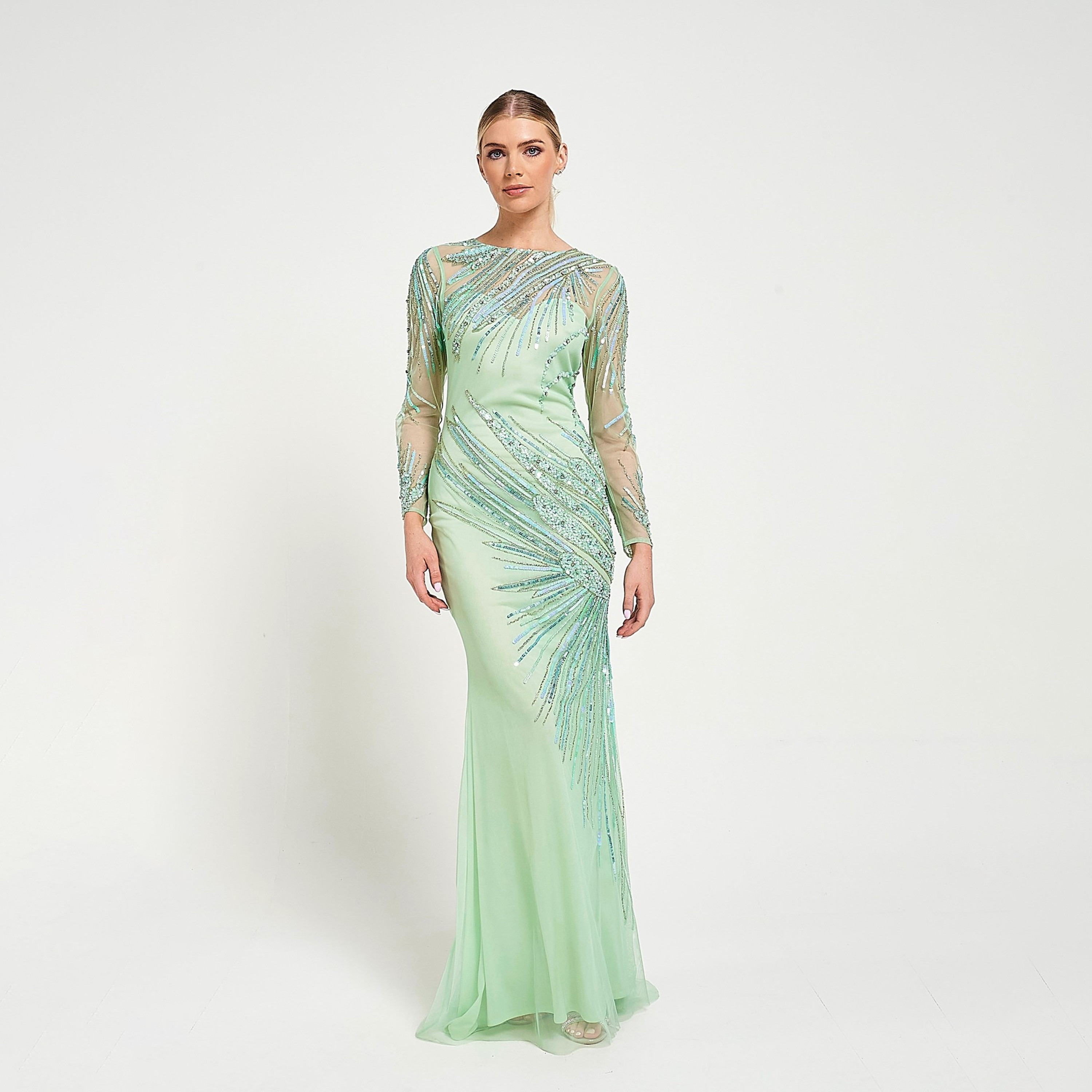 فستان سهرة ماكسي نسائي بأكمام شفافة، أخضر، مطرز بالترتر والخرز من أميليا روز-women-clothing-dresses-image-1