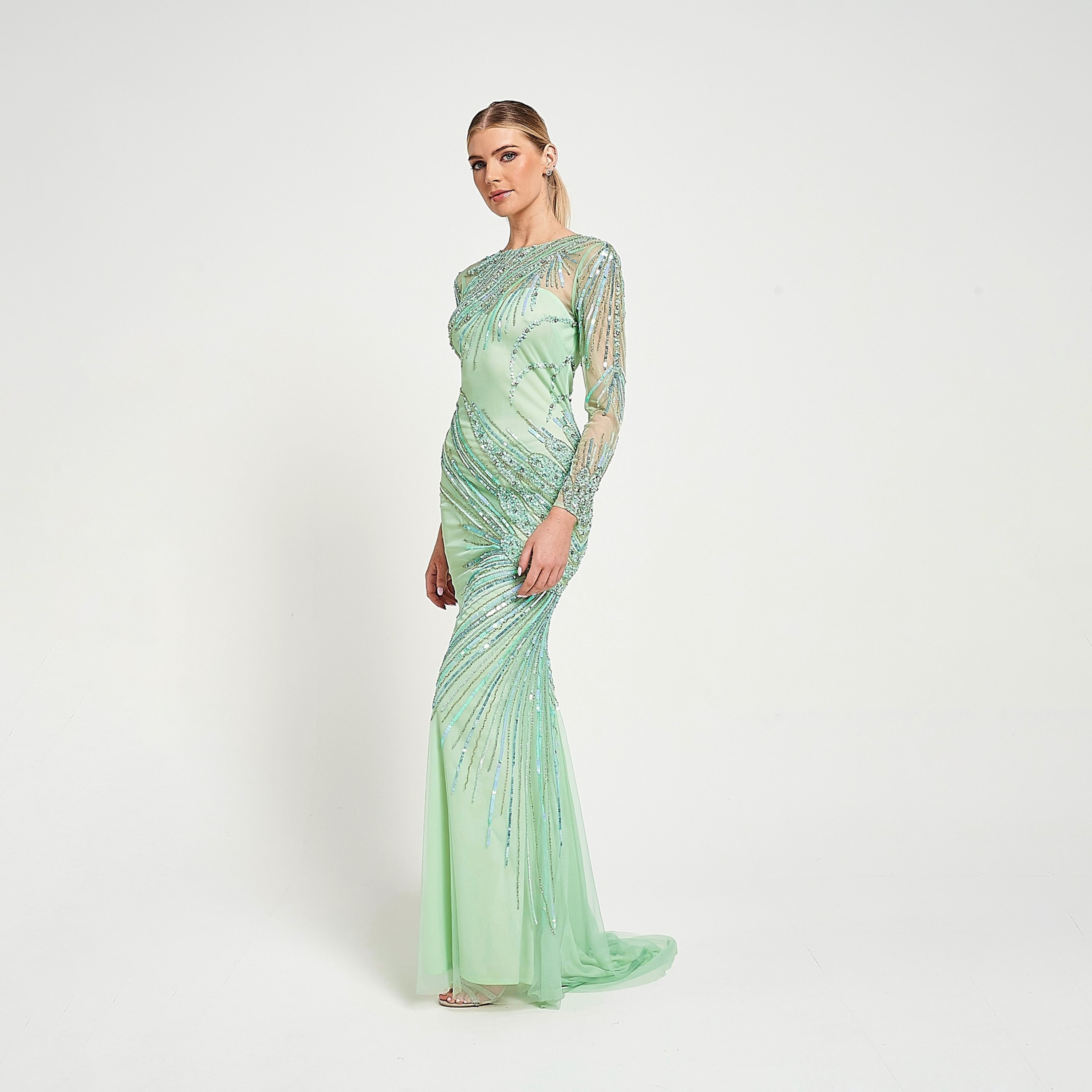 فستان سهرة ماكسي نسائي بأكمام شفافة، أخضر، مطرز بالترتر والخرز من أميليا روز-women-clothing-dresses-image-2