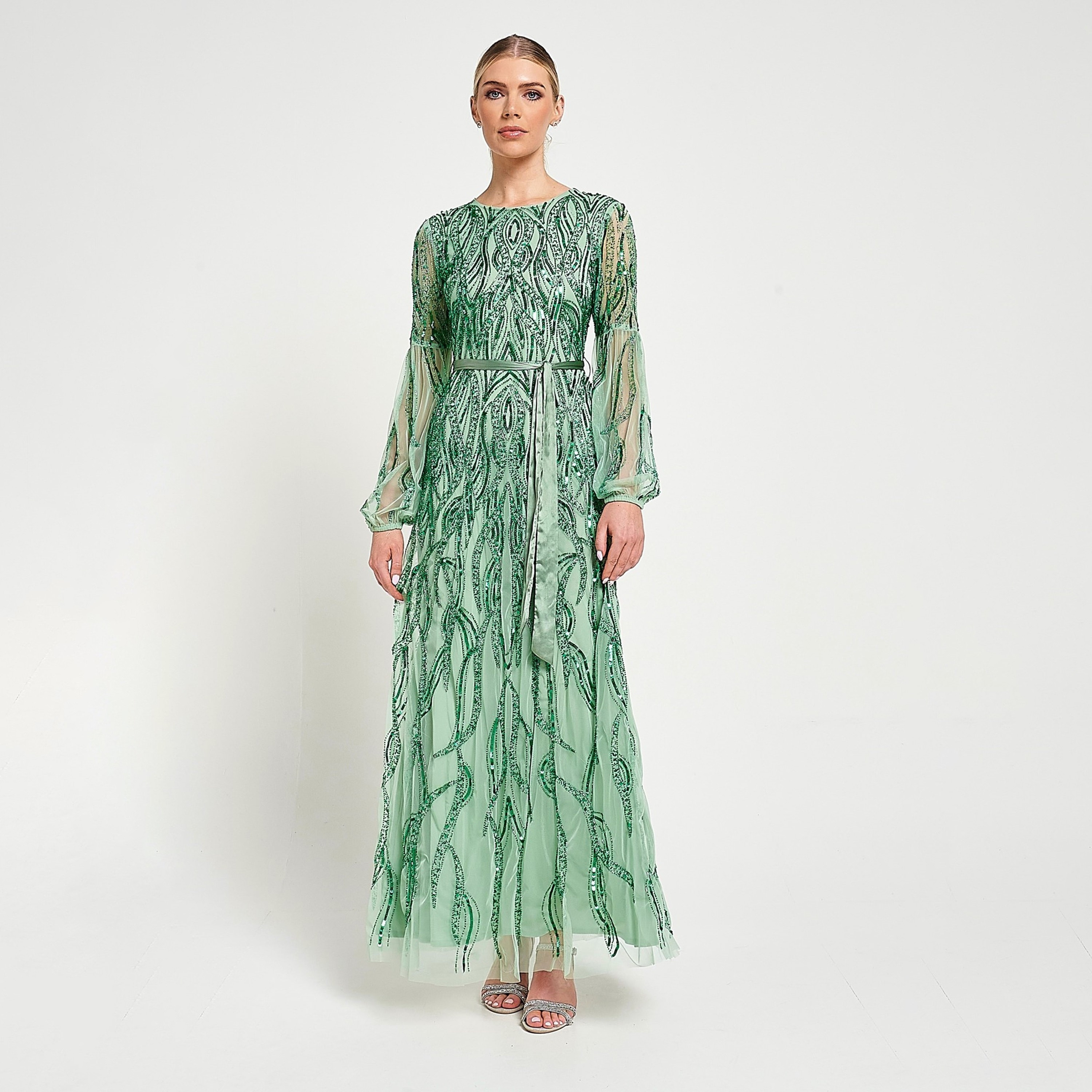 Amelia Rose Green Sequined & Beaded Sheer Sleeves Women's Evening Maxi Dress-women-clothing-dresses-image-1